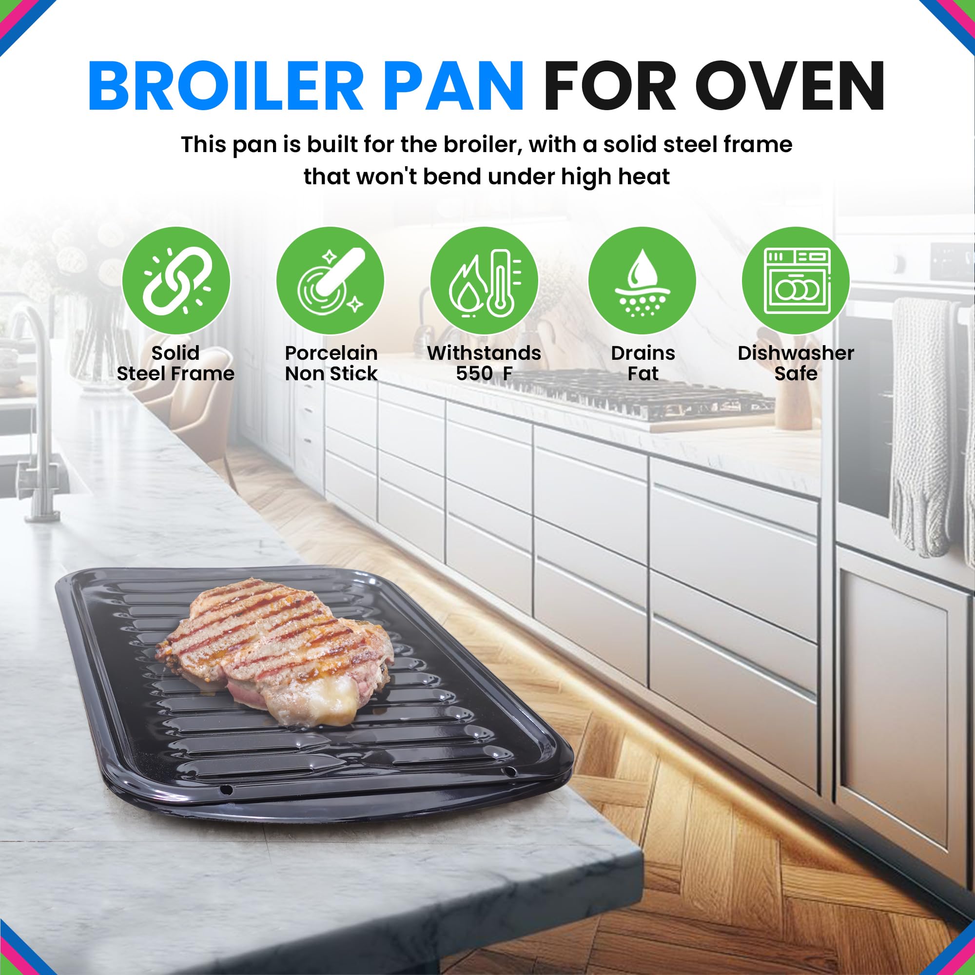 Broiler Pan for Oven Nonstick Porcelain Coated - 16.75” x 12.75” Whirlpool 4396923 Replacement Broiling Pan for Oven With Rack for High-Temperatures - Image 3