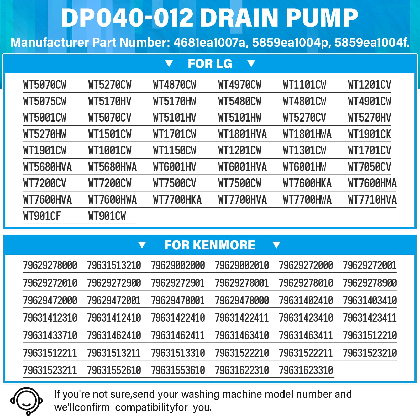 DP040-012 Drain Pump Replacement for LG & Kenmore Washer 4681EA1007A 5859EA1004P 5859EA1004F WT5070CW WT5270CW WT4870CW WT4970CW