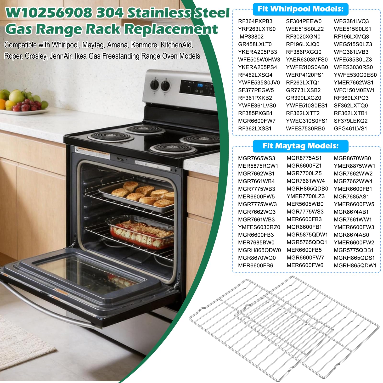 Upgraded 2PACK W10256908 304 Stainless Steel Gas Range Oven Stove Rack Replacement, Compatible with Whirlpool, Maytag, Amana Oven Flat Racks WFG550S0HV3, MGR6600FW6, AGR6603SFS1 Metal Wire Racks