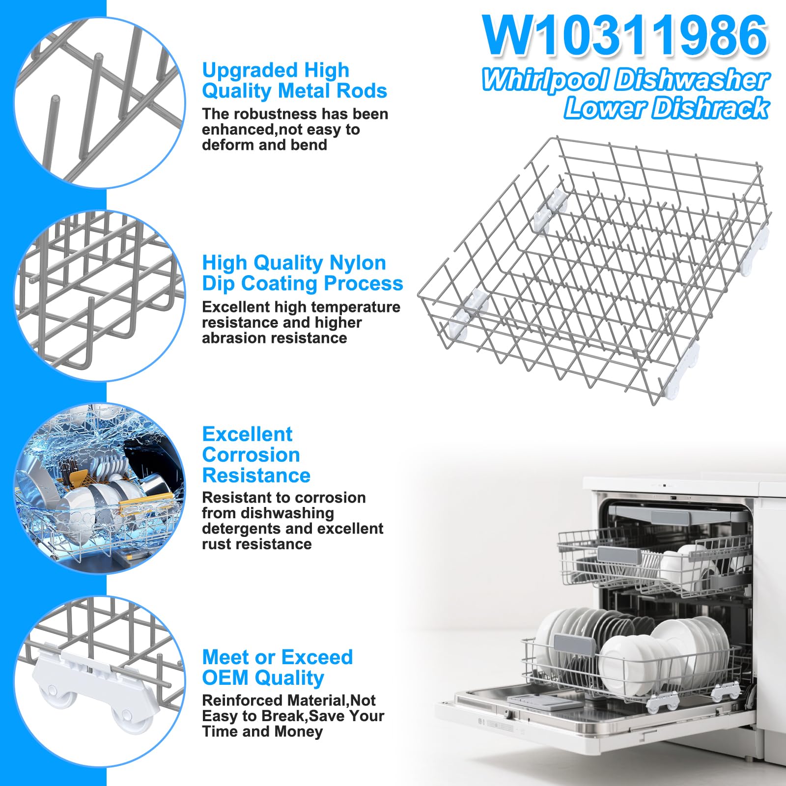 UPGRADED W10311986 W10380384 Dishwasher Lower Rack Assembly for Whirlpool Kenmore Dishwasher Rack Replacement Parts,W10311986 W11158802 Whirlpool Dishwasher Bottom Rack with Wheel Dishrack - Image 5