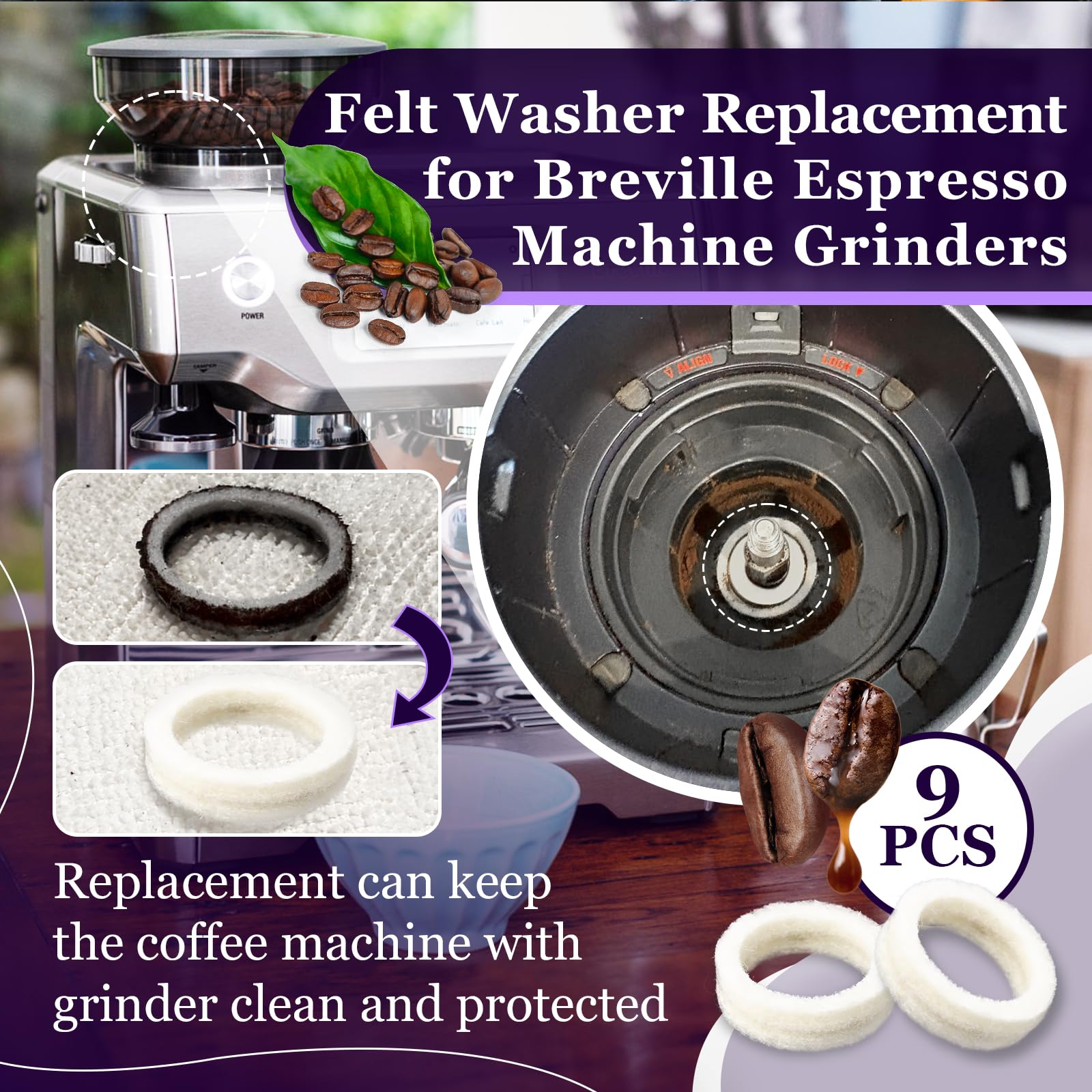 9 Pcs Felt Washer Replacement for Breville Espresso Machine Grinders,Burr Washer Part Compatible with BES870, BES878, BES880, BES980, BES990, BCG600, BCG820,Wool Ring Espresso Machines Accessories - Image 3