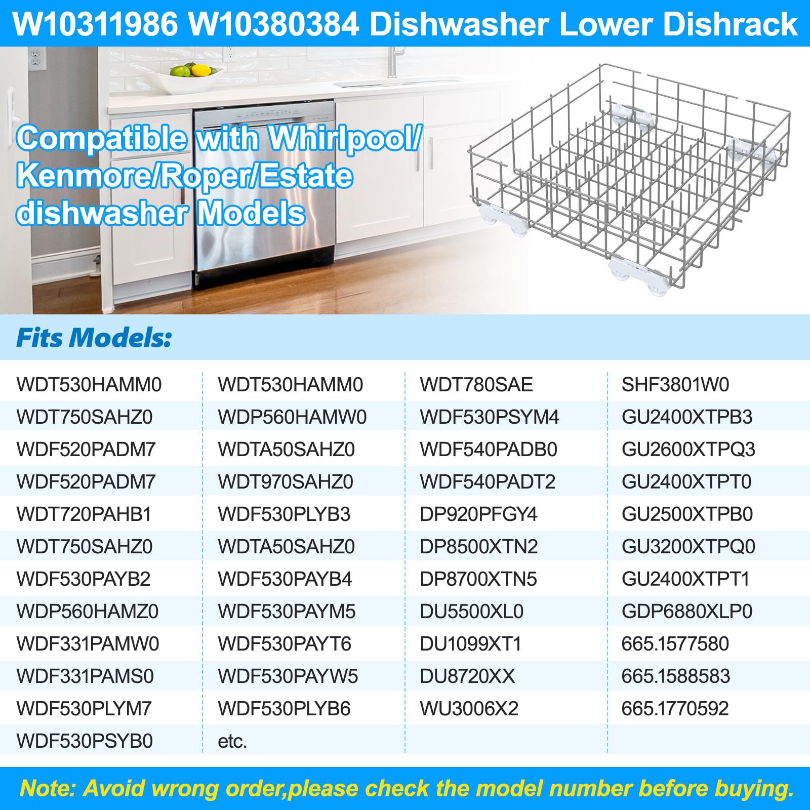 UPGRADED W10311986 W10380384 Dishwasher Lower Rack Assembly for Whirlpool Kenmore Dishwasher Rack Replacement Parts,W10311986 W11158802 Whirlpool Dishwasher Bottom Rack with Wheel Dishrack - Image 4