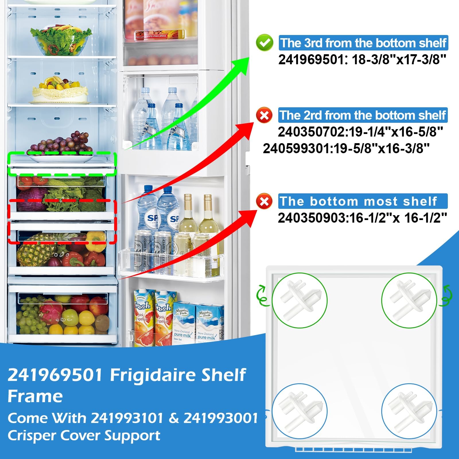 UPGRADED 241969501 Refrigerator Shelf Frame Compatible with Frigidaire Shelf Replacement Parts Crisper Drawer Pan Cover with 241993101 & 241993001 Crisper Cover Support LFSS2612TF0, FFSS2615TS0 Shelf
