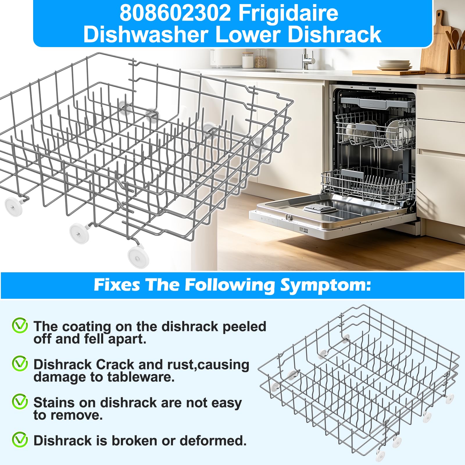 Upgraded 808602302 Dishwasher Lower Rack Compatible with Frigidaire Dishwasher Rack Parts,808602302 5304535768 154432601 FDB1050RES0 Frigidaire Kenmore Dishwasher Bottom Rack Replacement with Wheel - Image 5