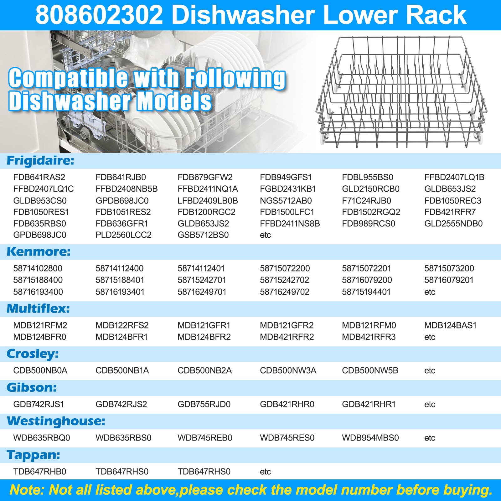 Upgraded 808602302 Dishwasher Lower Rack Compatible with Frigidaire Dishwasher Rack Parts,808602302 5304535768 154432601 FDB1050RES0 Frigidaire Kenmore Dishwasher Bottom Rack Replacement with Wheel - Image 4