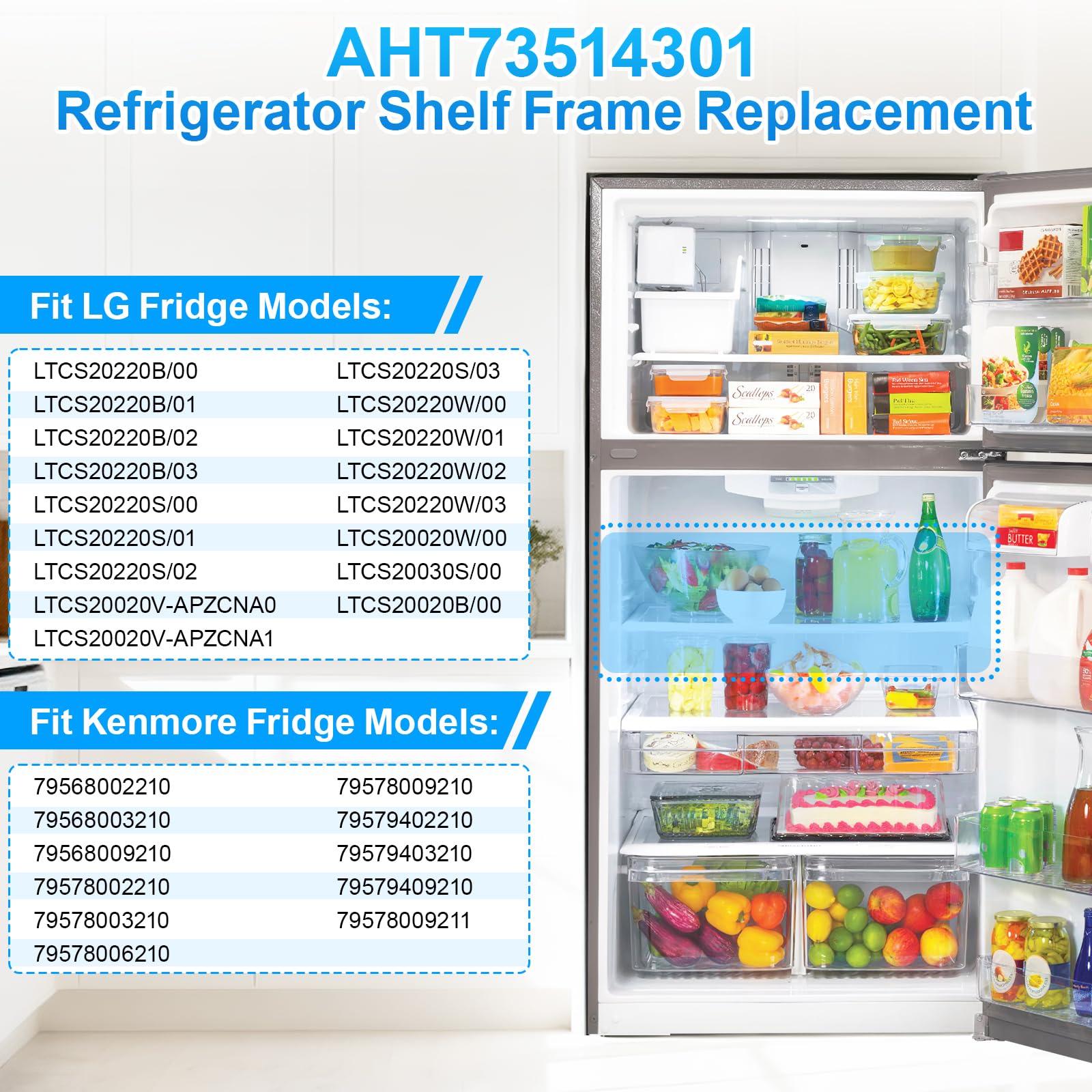 UPGRADED AHT73514301 Glass Shelf Compatible with LG Refrigerator Glass Shelf PS7788910 Kenmore LG Refrigerator Shelf Replacement LTCS20030S LTCS20020S LTCS20220B LTCS20020W LTCS20220S LG Fridge Shelf