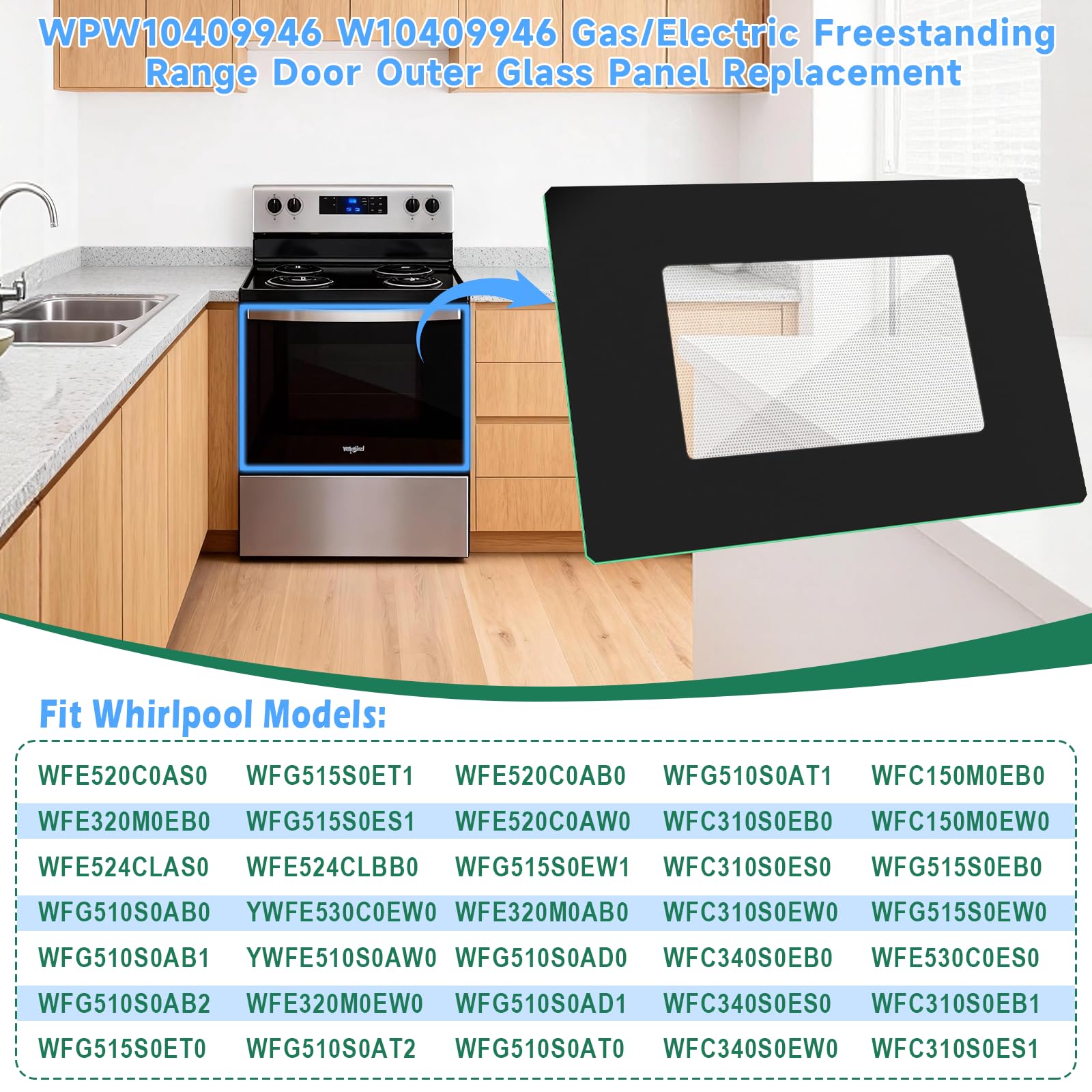 Upgraded WPW10409946 W10409946 Gas/Electric Freestanding Range Oven Stove Door Outer Glass Panel Replacement Compatible with Whirlpool Gas/Electric Range Oven Stove Parts 2210188 AP6021060 PS11754380