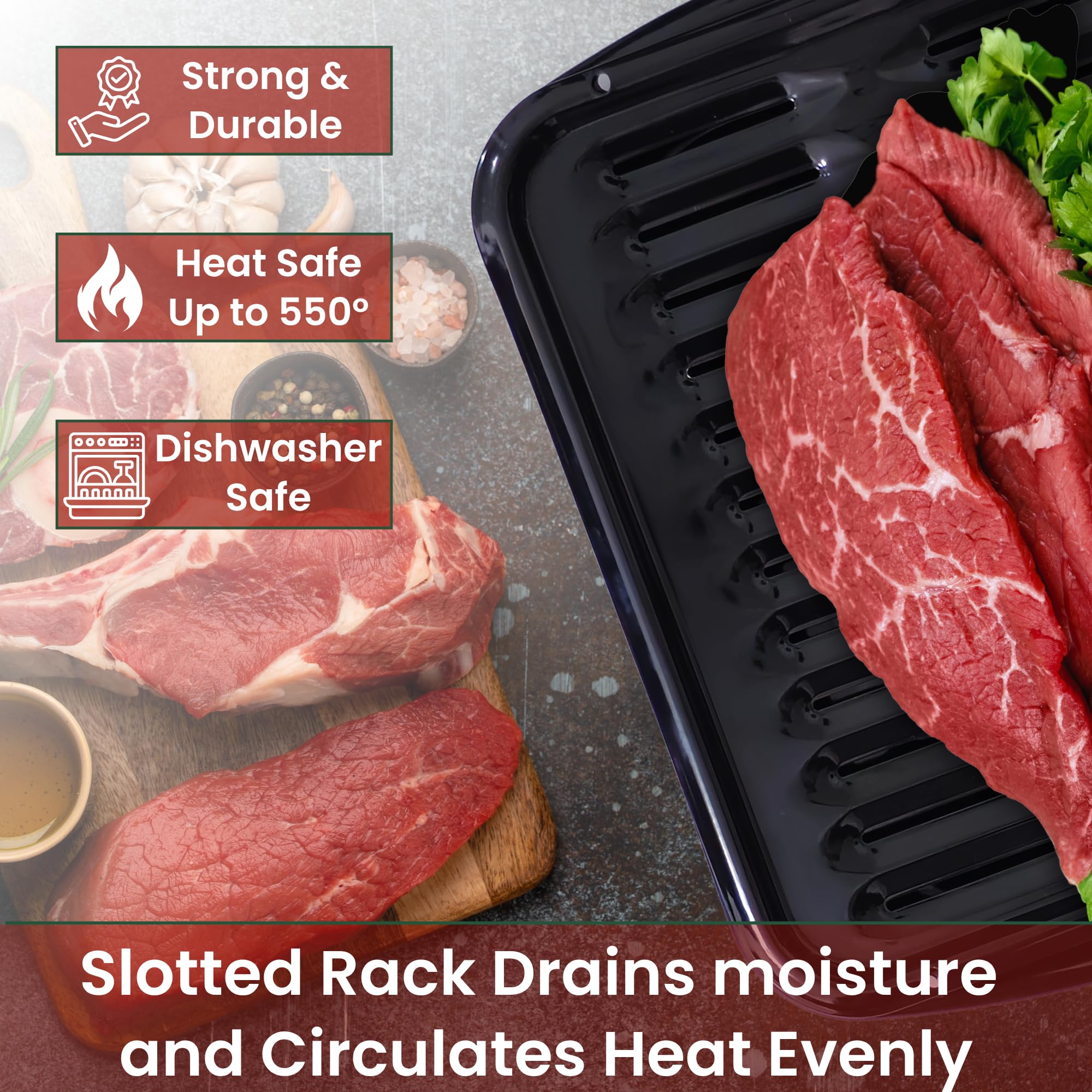 Broiler Pan for Oven Nonstick 16.75” x 13” Porcelain Nonstick Coated - Broiling Pan for Oven Withstands Heat up to 550° F - Heavy Duty Broil Pans and Rack Circulates Heat and Drains Fat (Black) - Image 3