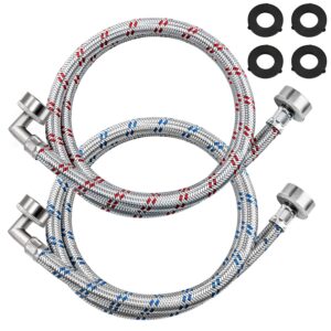【UPGRADED】4FT Stainless Steel Washer Hoses with 90 Degree Elbows by Beaquicy - 2 Pack No-Lead Burst Proof Hot & Cold Water Connection Inlet Washer Supply Lines