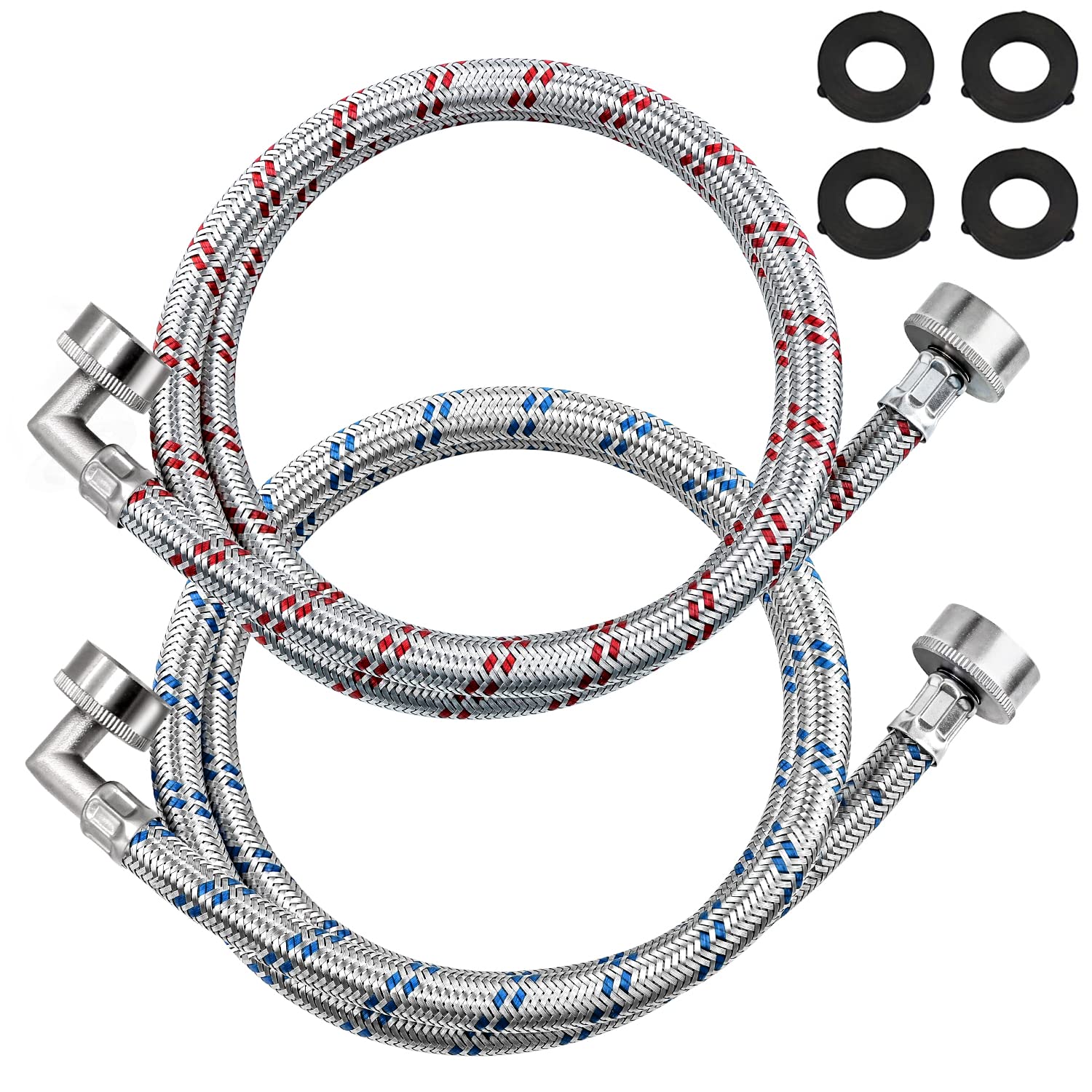 【UPGRADED】4FT Stainless Steel Washer Hoses with 90 Degree Elbows by Beaquicy - 2 Pack No-Lead Burst Proof Hot & Cold Water Connection Inlet Washer Supply Lines