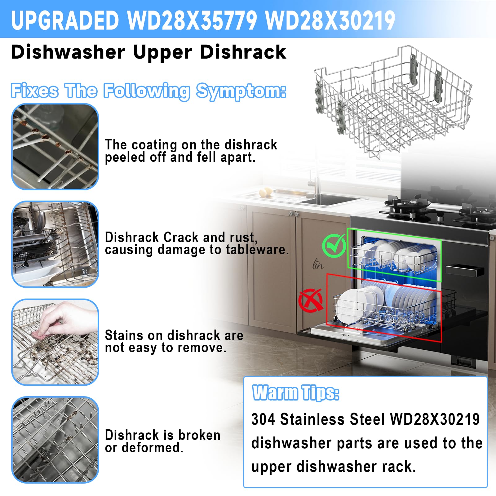 UPGRADED WD28X35779 WD28X30219 Dishwasher Upper Rack Compatible with GE Dishwasher Rack Replacement Parts with Wheel,304 Stainless Steel WD28X30219 WD28X25018 WD28X26104 GE Dishwasher Upper Rack Part - Image 4