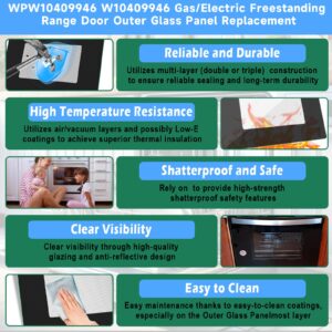 Upgraded WPW10409946 W10409946 Gas/Electric Freestanding Range Oven Stove Door Outer Glass Panel Replacement Compatible with Whirlpool Gas/Electric Range Oven Stove Parts 2210188 AP6021060 PS11754380