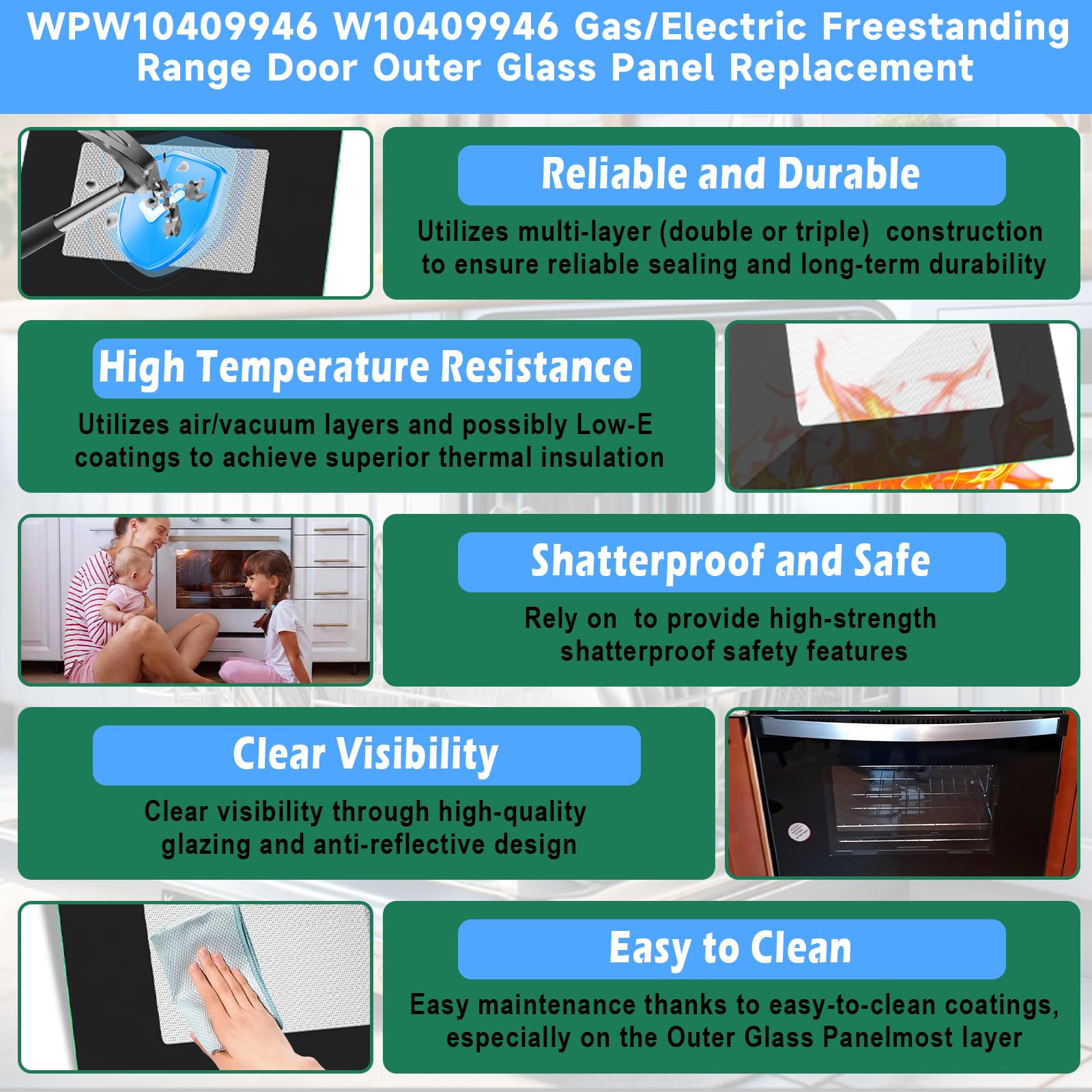 Upgraded WPW10409946 W10409946 Gas/Electric Freestanding Range Oven Stove Door Outer Glass Panel Replacement Compatible with Whirlpool Gas/Electric Range Oven Stove Parts 2210188 AP6021060 PS11754380