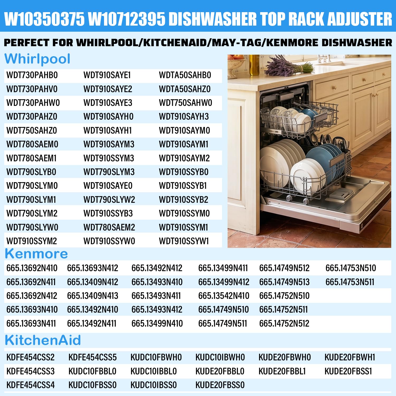 Upgraded WDT750SAHZ0 WDTA50SAHZ0 WDT730PAHZ0 Upper Rack Parts for Whirlpool Dishwasher Top Rack,W10350375 W10712395 Rack Adjuster For Kitchen Aid Whirlpool Kenmore Dishwasher Replacement Parts