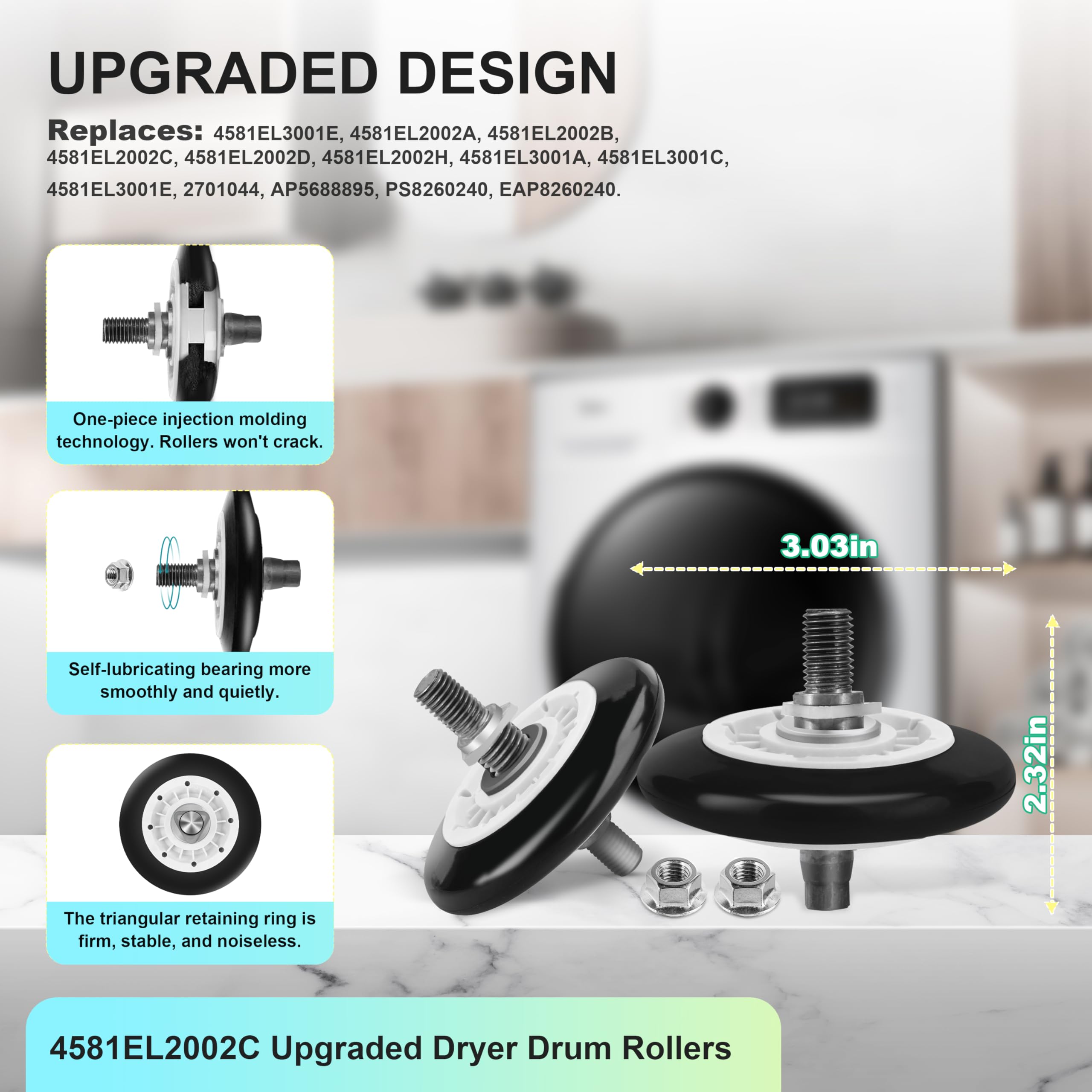 Upgraded Dryer Repair Kit Compatible with LG Kenmore Dryers Includes 4581EL2002C Dryer Drum Roller 4400EL2001A Dryer Belt 4561EL3002A Idler Pulley & Spring Replace 4400EL2001F 4581EL3001E 4581EL2002A - Image 4
