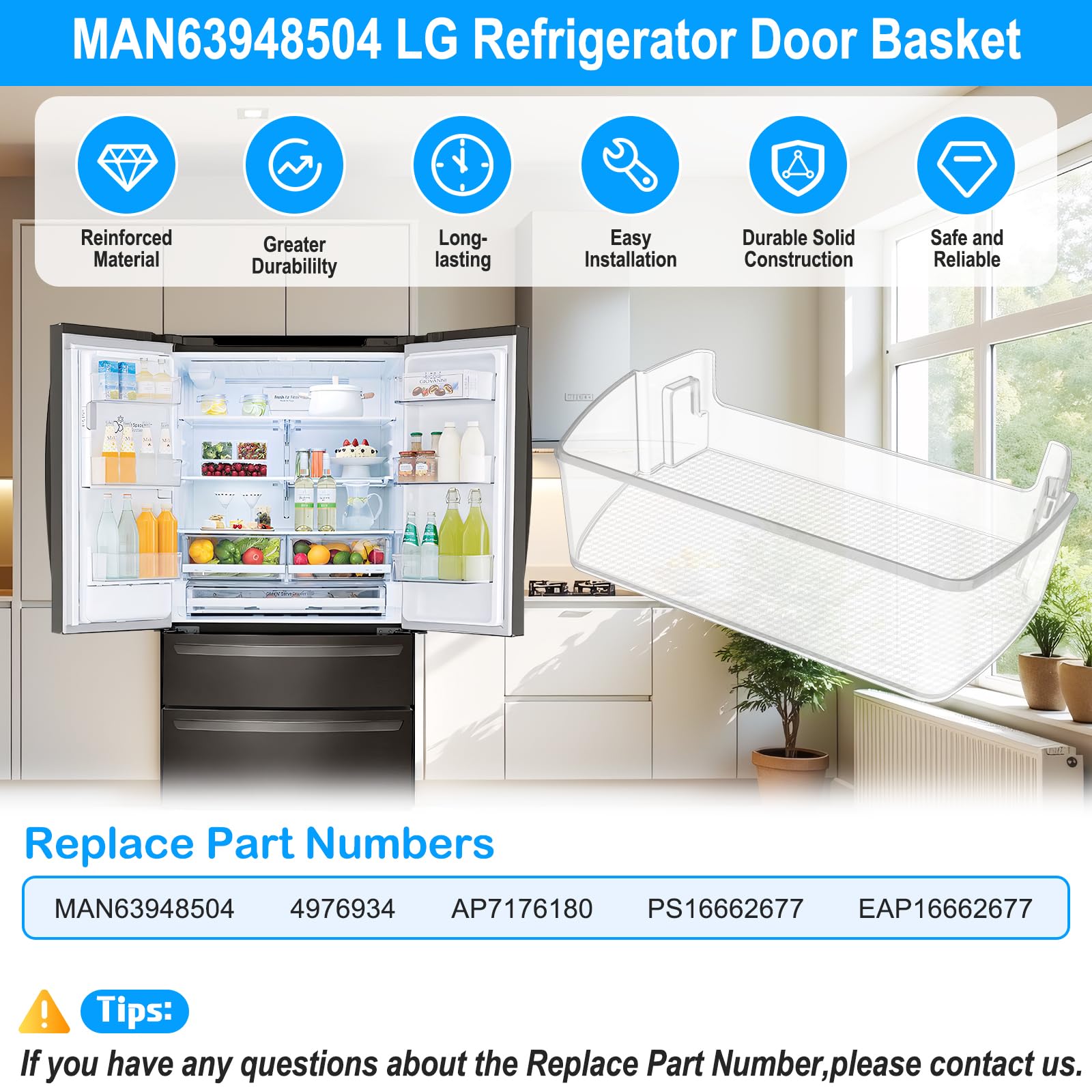 UPGRADED MAN63948504 Refrigerator Door Shelf Bin Compatible with LG Refrigerator Door Shelf Parts LMXS28626S LFXS26973S LFXC22526D MAN63948504 Kenmore LG Fridge Door Shelf Replacement Basket Shelves - Image 7