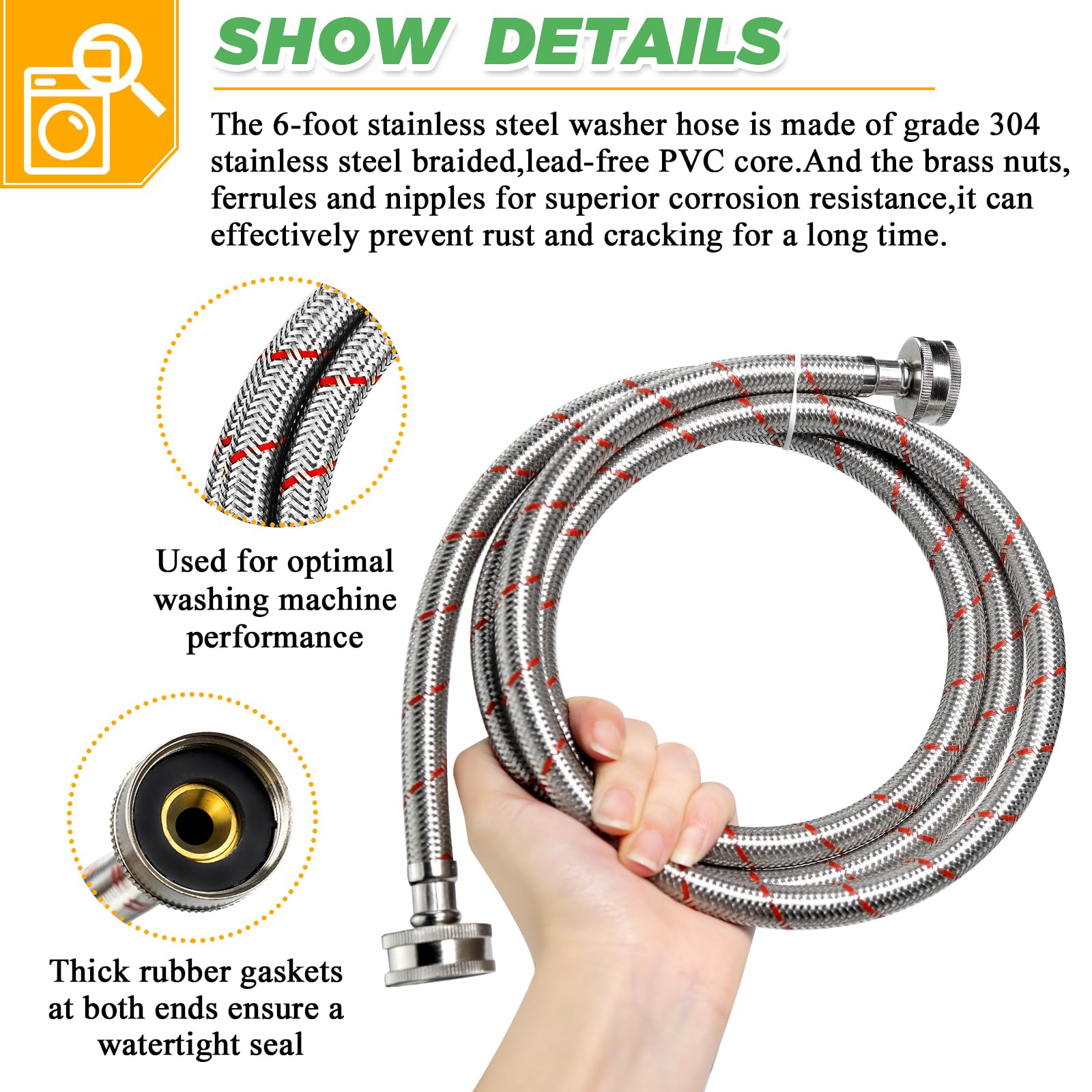 6Ft Stainless Steel Washing Machine Hoses Burst Proof Hot and Cold Water Supply Hoses Universal for All Washers by Techecook - 2Pack Premium Water Supply Lines - 10 Years Warranty - Image 3