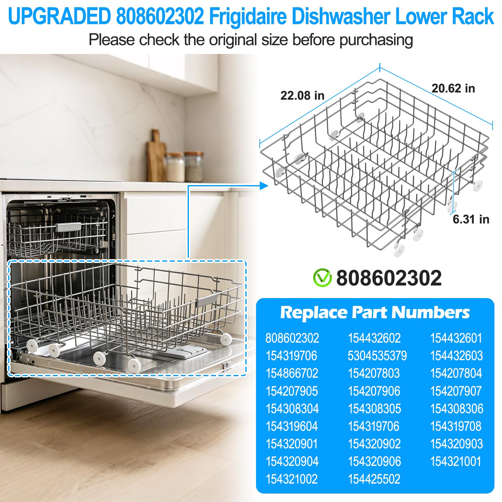 Upgraded 808602302 Dishwasher Lower Rack Compatible with Frigidaire Dishwasher Rack Parts,808602302 5304535768 154432601 FDB1050RES0 Frigidaire Kenmore Dishwasher Bottom Rack Replacement with Wheel - Image 3