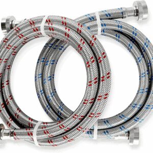 K&J Premium 6ft Washing Machine Hoses Burst Proof 2 Pack - Hot and Cold Water Supply Hoses for Washing Machines (Stainless Steel)