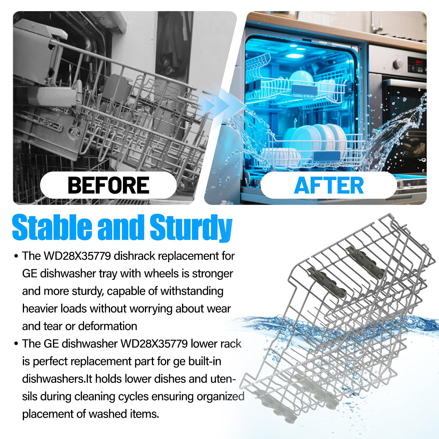 Upgraded WD28X35779 Dishwasher Upper Rack Compatible with GE Dishwasher Rack Replacement WD28X30219 GDF510PSR3SS GDF510PSM0SS GDF535PSR0SS GDT550HSD4SS GE Dishwasher Parts Top Rack Tray With Wheels - Image 5
