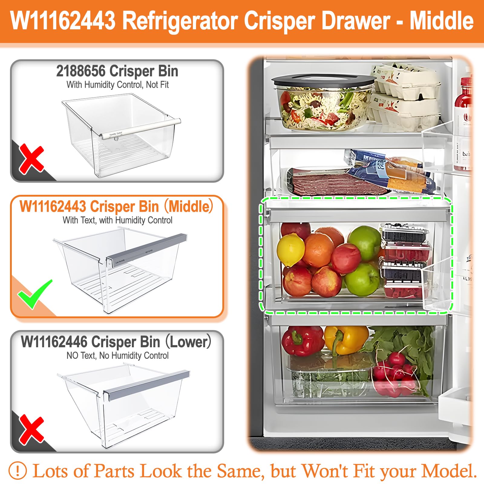 UPGRADED W11162443 Refrigerator Crisper Drawer Compatible with Whirlpool Fridge Drawer Replacement Parts Whirlpool Refrigerator Drawers WRS315SDHZ02 WRS315SDHZ05 WRS315SDHZ08 WRS325SDHZ08 WRS321SDHZ08 - Image 3