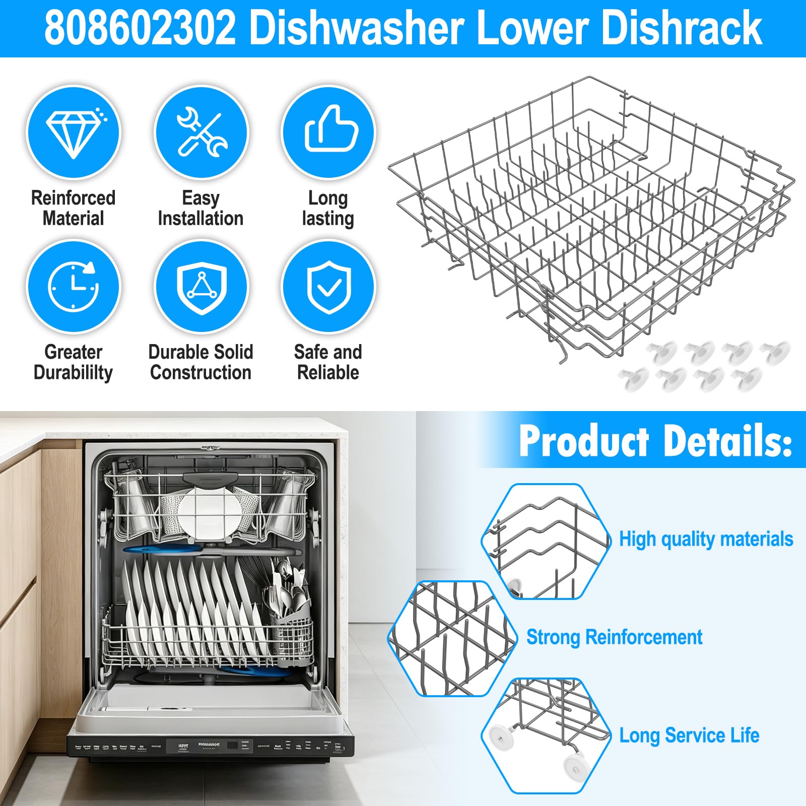 Upgraded 808602302 Dishwasher Lower Rack Compatible with Frigidaire Dishwasher Rack Parts,808602302 5304535768 154432601 FDB1050RES0 Frigidaire Kenmore Dishwasher Bottom Rack Replacement with Wheel