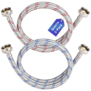 Querix 2-Pack 4Ft Washing Machine Hoses for All Washers, Water Supply Hookup, Braided Stainless Steel, Burst Proof Flexible EPDM Core, Brass Nuts - Colored Hot/Cold Lines, 3/4 in. FHT x 3/4 in. FHT