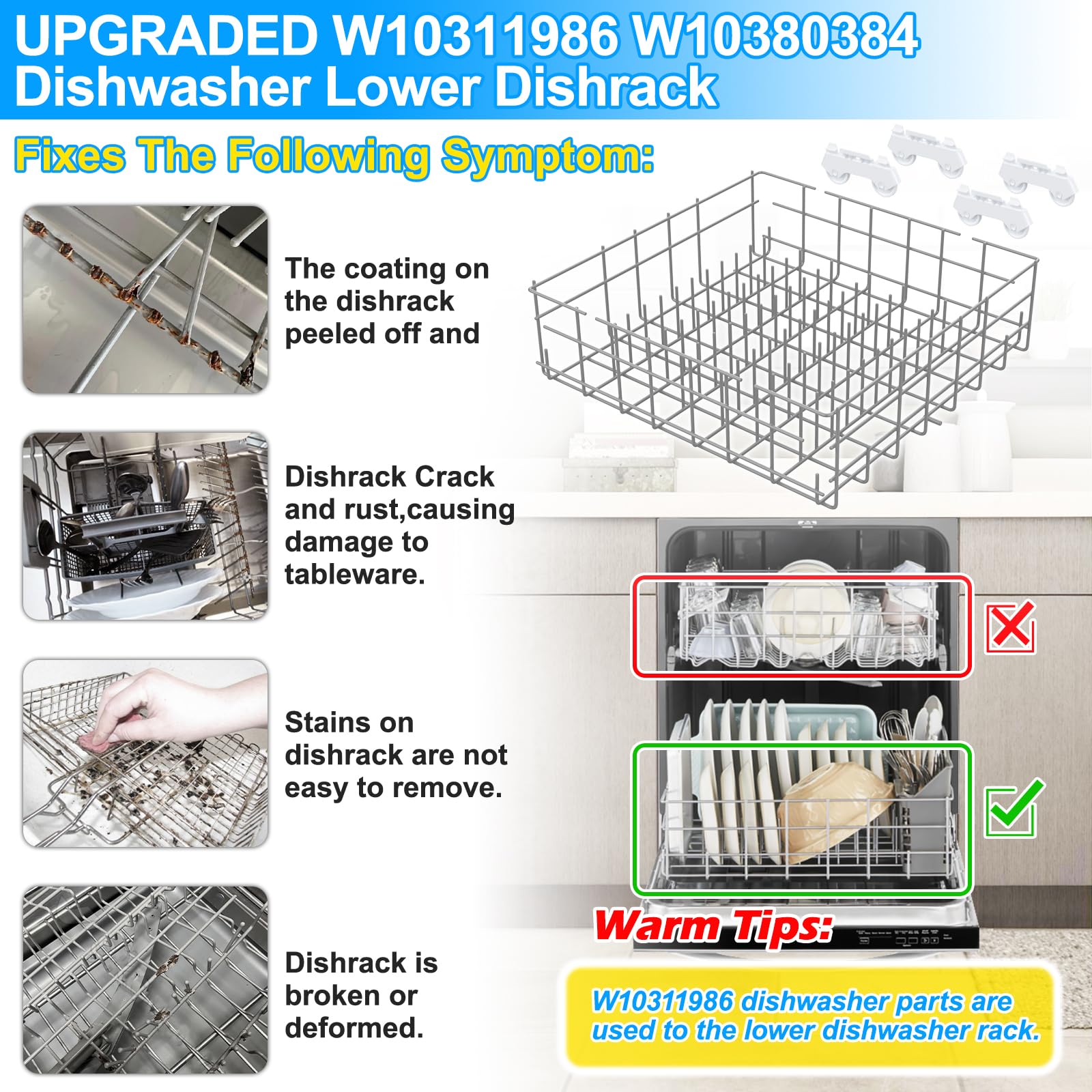 UPGRADED W10311986 W10380384 Dishwasher Lower Rack Assembly for Whirlpool Kenmore Dishwasher Rack Replacement Parts,W10311986 W11158802 Whirlpool Dishwasher Bottom Rack with Wheel Dishrack - Image 3