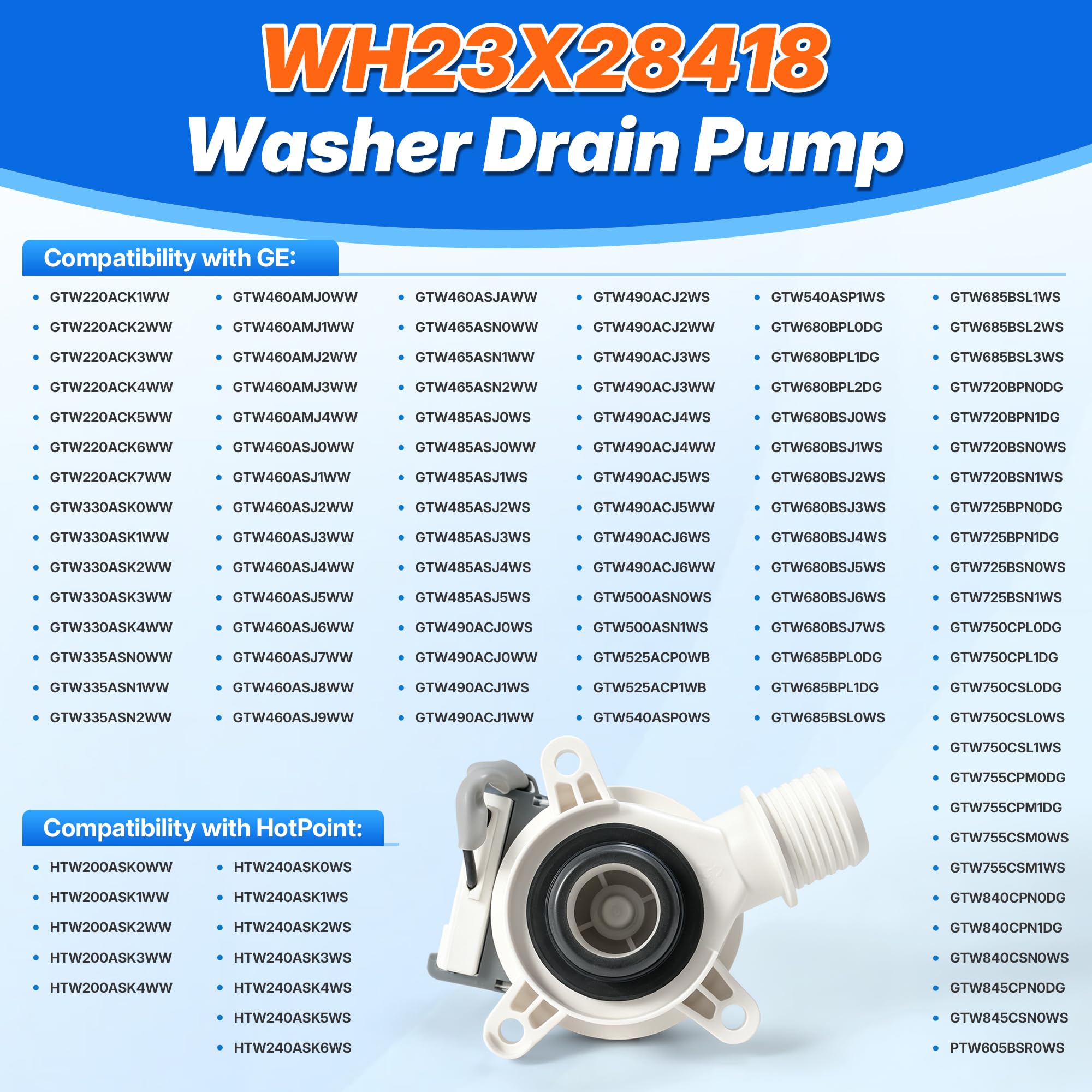 WH23X28418 Washer Drain Pump Compatible with GE Hotpoint Replacement