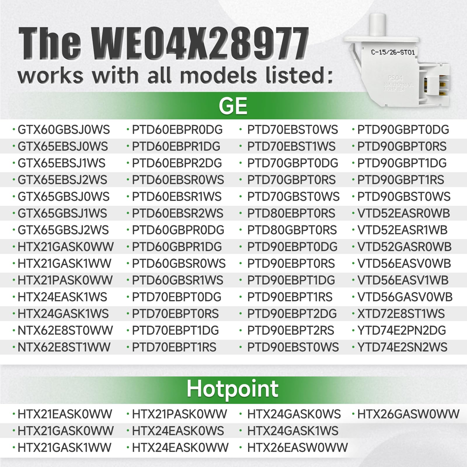 [2026] Upgraded WE04X28977 Dryer Door Switch Compatible with GE Hotpoint Dryer, Replacement Part WE04X28977-50PK, WE10X23879, 4931170, AP6889035, PS12722948, EAP12722948