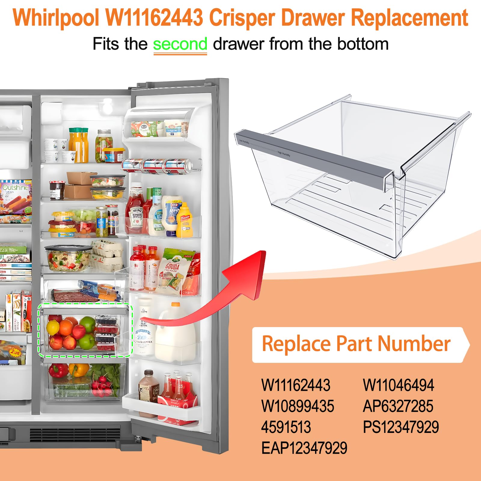 UPGRADED W11162443 Refrigerator Crisper Drawer Compatible with Whirlpool Fridge Drawer Replacement Parts Whirlpool Refrigerator Drawers WRS315SDHZ02 WRS315SDHZ05 WRS315SDHZ08 WRS325SDHZ08 WRS321SDHZ08 - Image 7