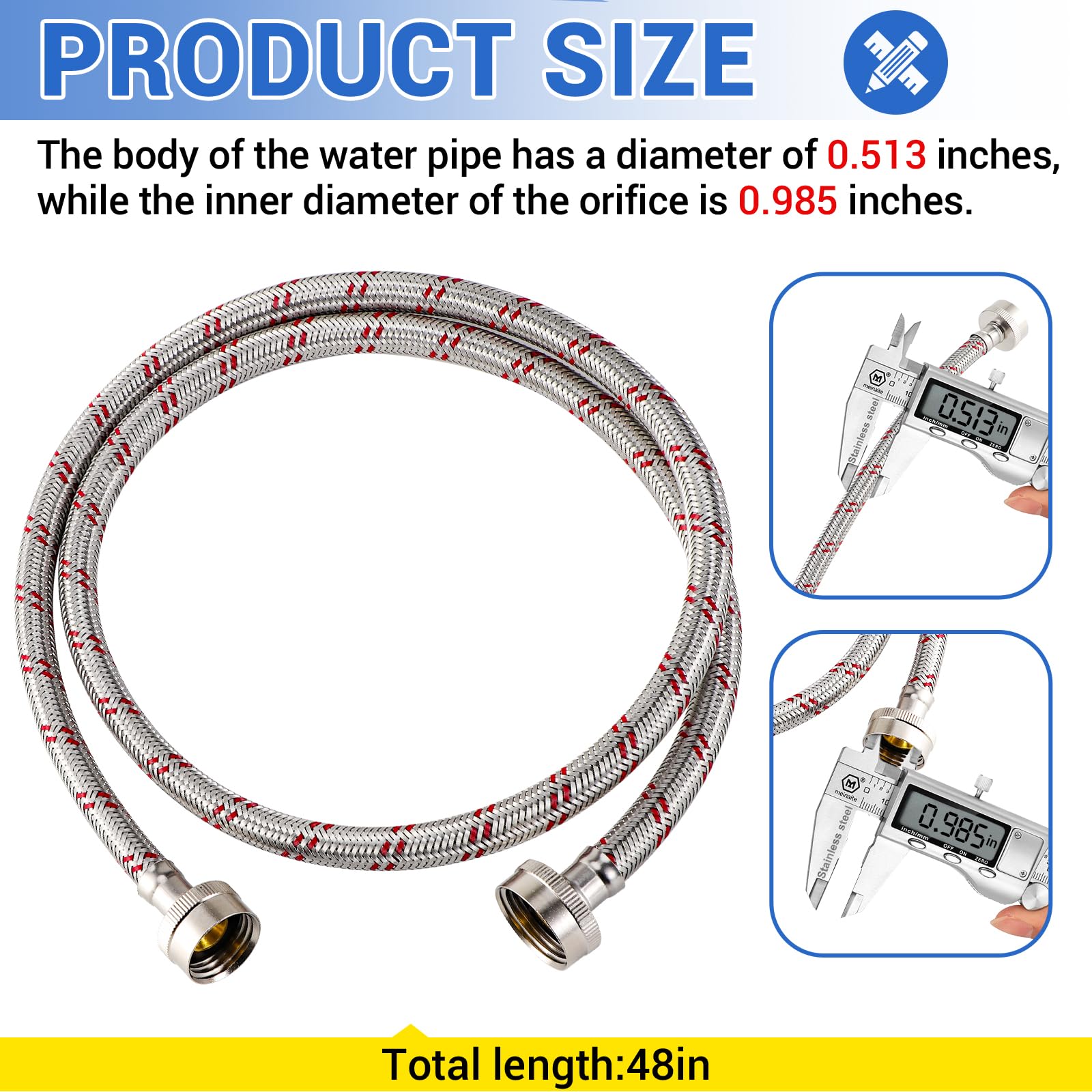 Yejesiy 4 Ft Washing Machine Hoses, 2 Packs Premium Stainless Steel Washer Hoses Burst Proof, Hot and Cold Striped Water Supply Hoses with 3/4'' Standard Interface fit for ALL Washer - Image 7
