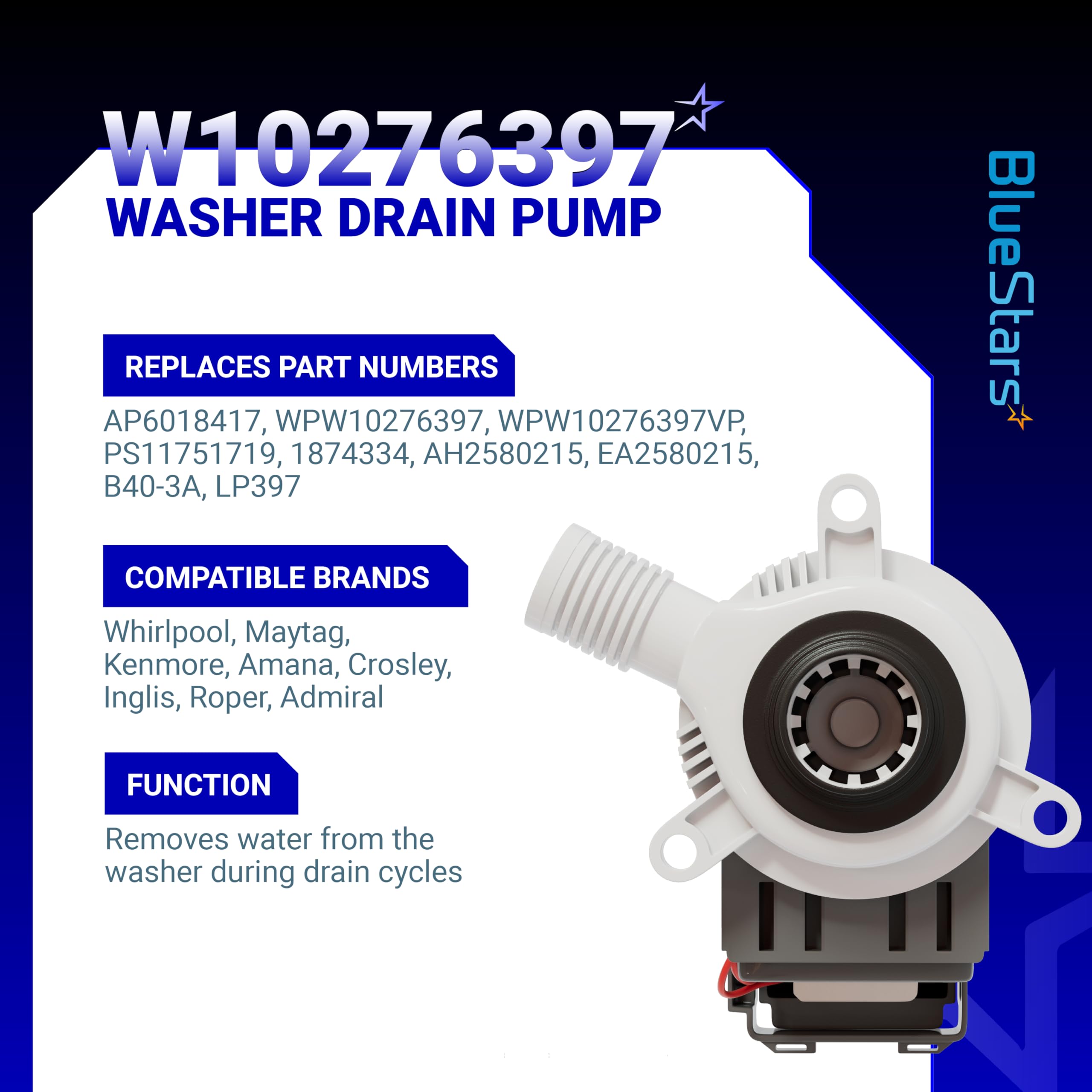 BlueStars W10276397 Washer Drain Pump for Whirlpool Kenmore Maytag Crosley - Image 4