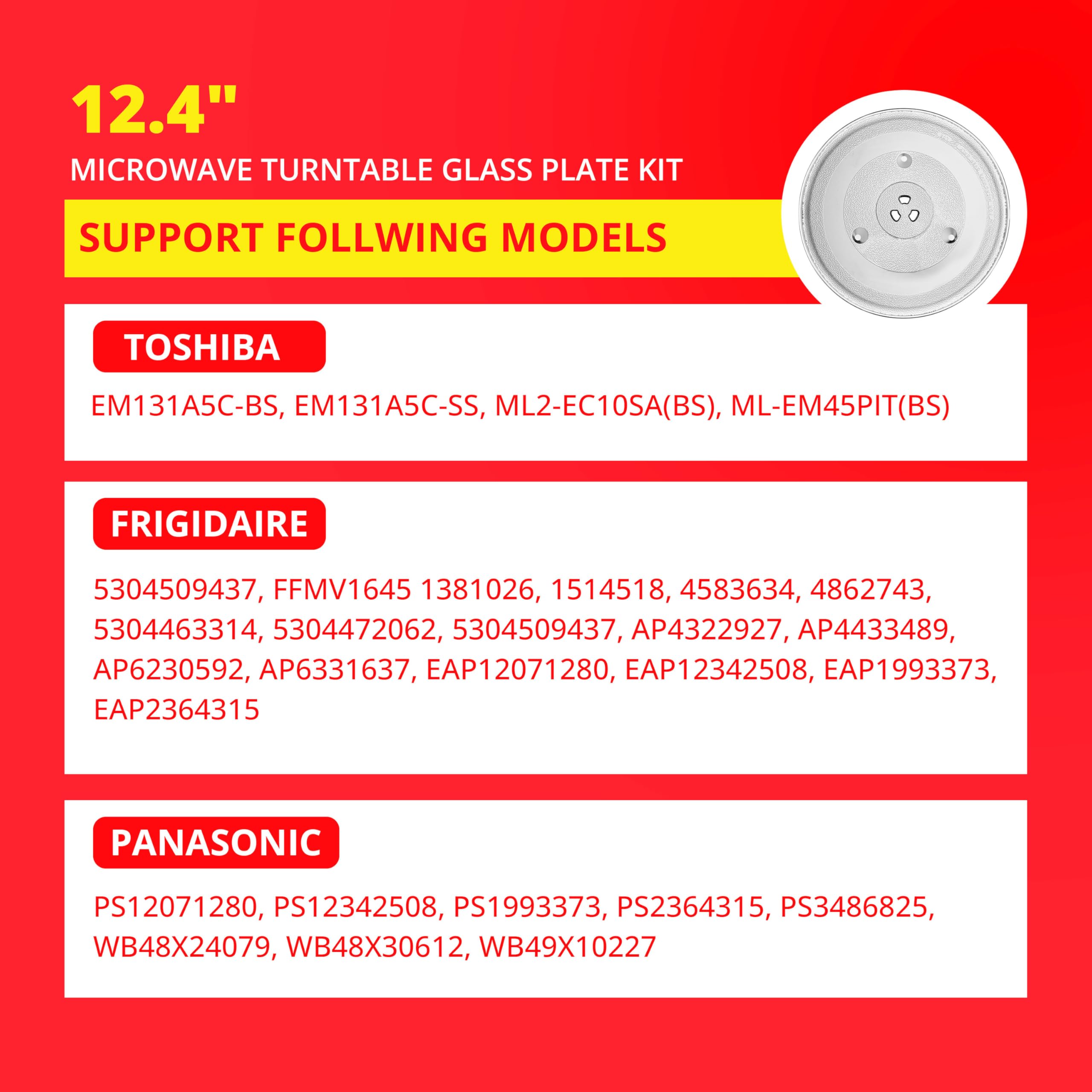 12.4" Toshiba Microwave Turntable Glass Plate + Roller Ring + Coupler Feet Kit – Replacement for EM131A5C-BS / EM131A5C-SS / ML2-EC10SA(BS) / ML-EM45PIT(BS), Panasonic, Emerson & Frigidaire Microwaves