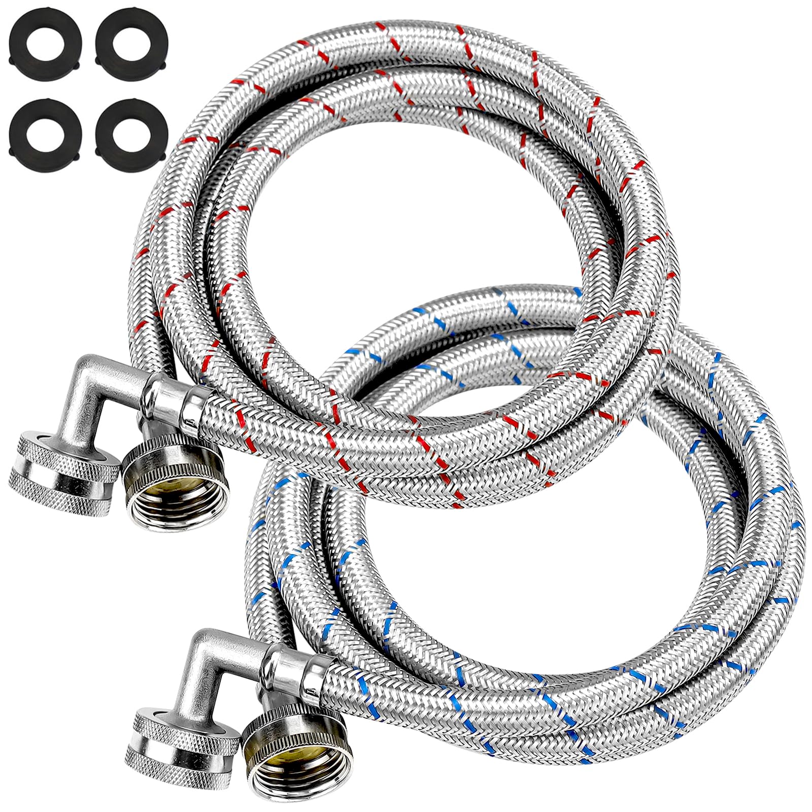 6FT Washer Stainless Steel Hoses with 90 Degree Elbows by Beaquicy - Burst Proof 3/4" FHT Standard Thread - 2 Pack Red and Blue Braided Hoses for Hot and Cold Water Supply - 10 Year Warranty