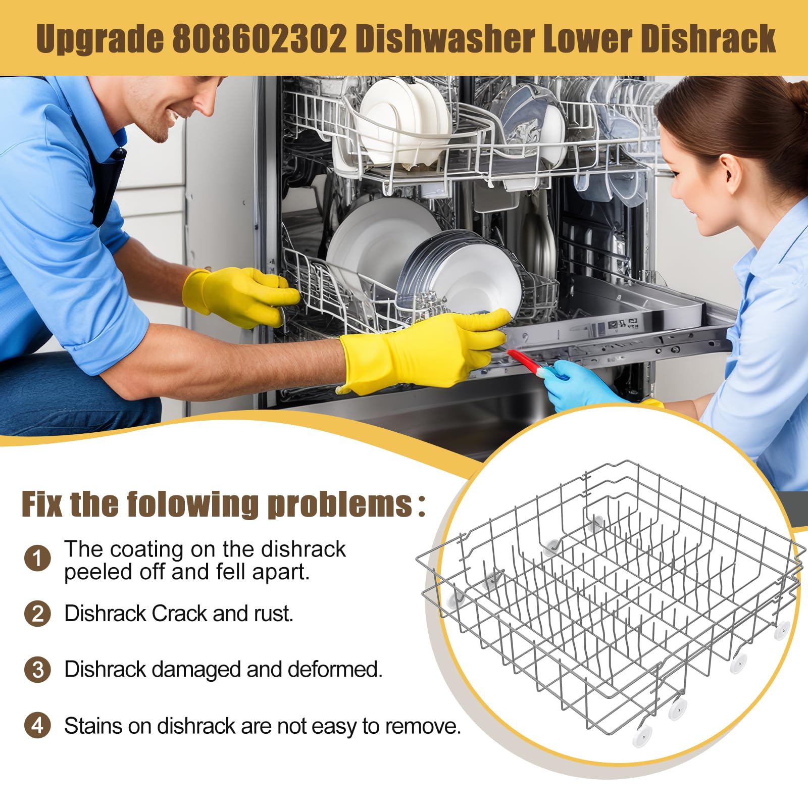 UPGRADED 808602302 5304535768 Dishwasher Lower Rack Replacement Compatible with Frigidaire,Kenmore Dishwasher Rack Parts with 154174501 Wheels Replace 154432602 154432601 154319706 Dishwasher Racks