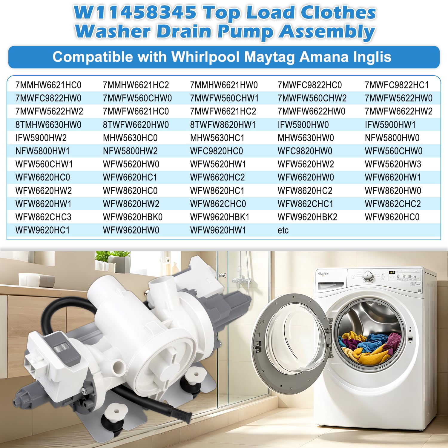 Upgraded W11458345 Washer Drain Pump W10918608 W11316609 W11319789