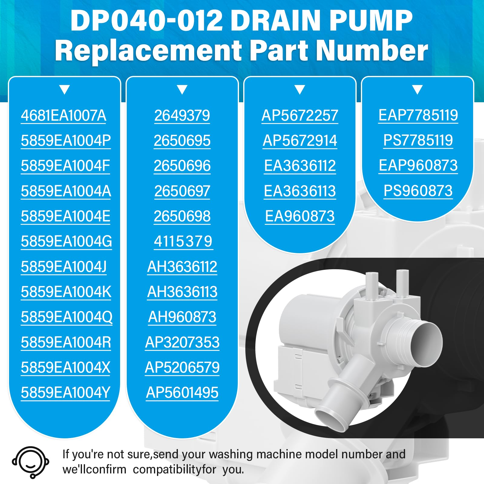DP040-012 Drain Pump Replacement for LG & Kenmore Washer 4681EA1007A 5859EA1004P 5859EA1004F WT5070CW WT5270CW WT4870CW WT4970CW