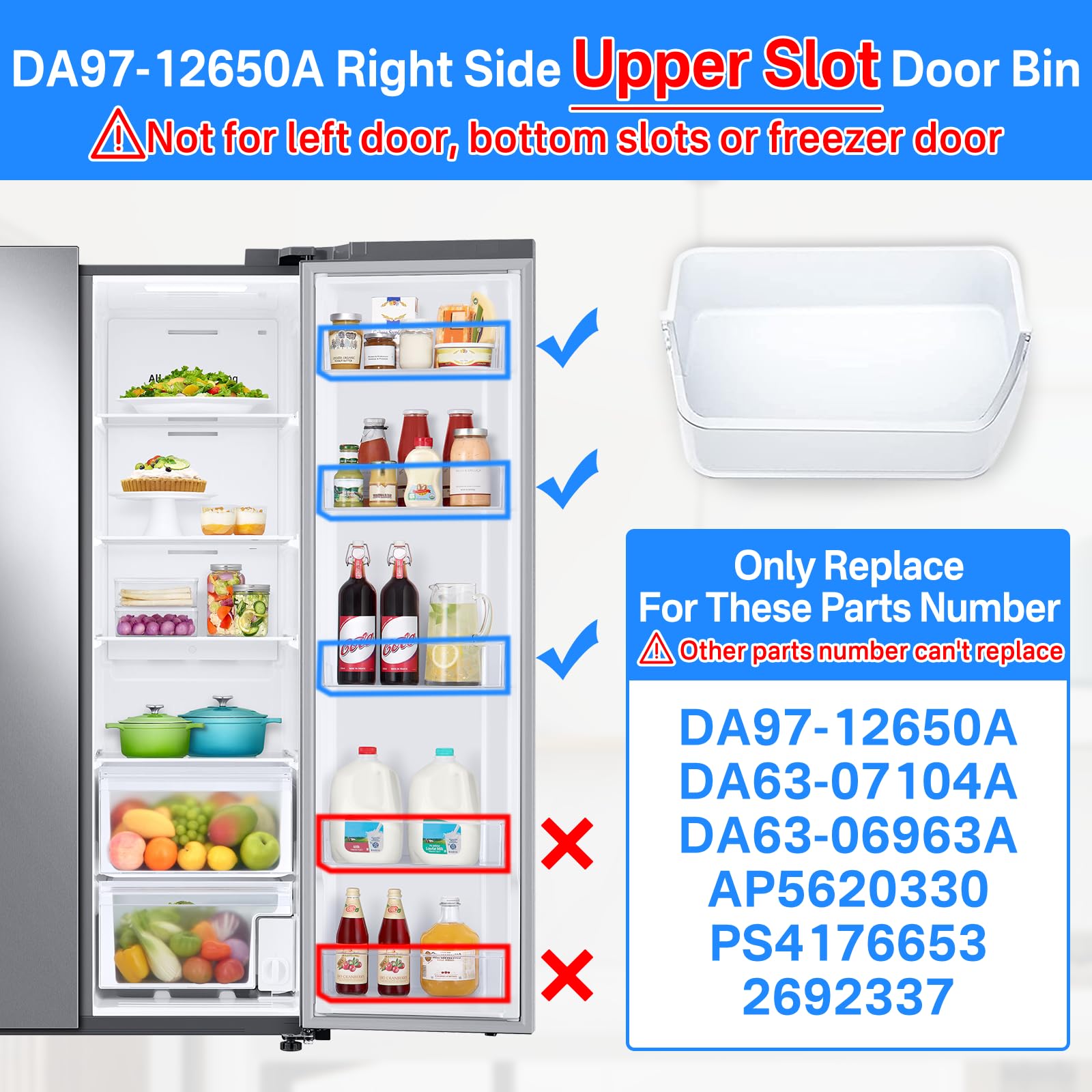 DA97-12650A Door Shelf Bin Only for Right Side Samsung Refrigerator Door Shelf Replacement for Samsung RF263BEAESR RF261BEAESR RF260BEAESR Door Bin for Samsung Fridge Door Shelves With 5 Fridge Magnet