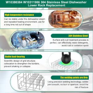 Upgraded 304 Stainless Steel W10311986 W10380384 Dishwasher Lower Rack Replacement for Whirlpool Dishwasher Bottom Rack 300563, DU911PCDQO with WP3376961 Wheels