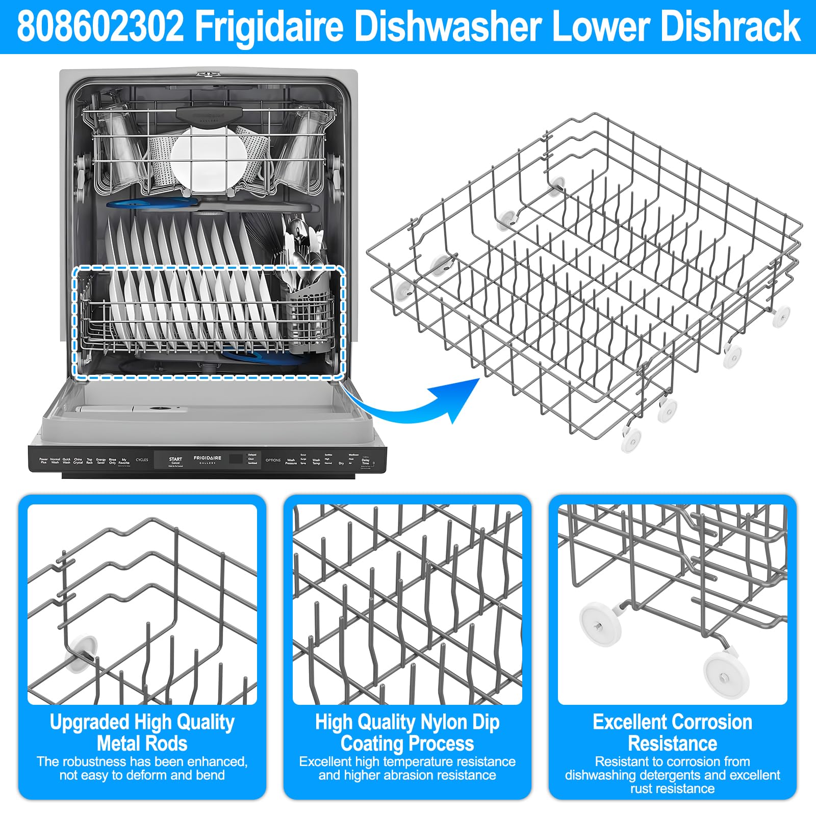 Upgraded 808602302 Dishwasher Lower Rack Compatible with Frigidaire Dishwasher Rack Parts,808602302 5304535768 154432601 FDB1050RES0 Frigidaire Kenmore Dishwasher Bottom Rack Replacement with Wheel