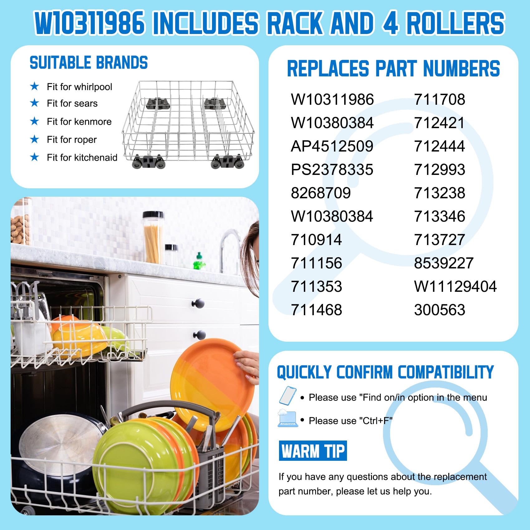Upgraded W10311986 W10380384 Dishwasher Rack, W11158802 Dishwasher Lower Dishrack with 4 Lower level rack wheels, replacement for Whirlpool Dishwasher, 20.5" x 20.5" x 5.9" Material Upgrade