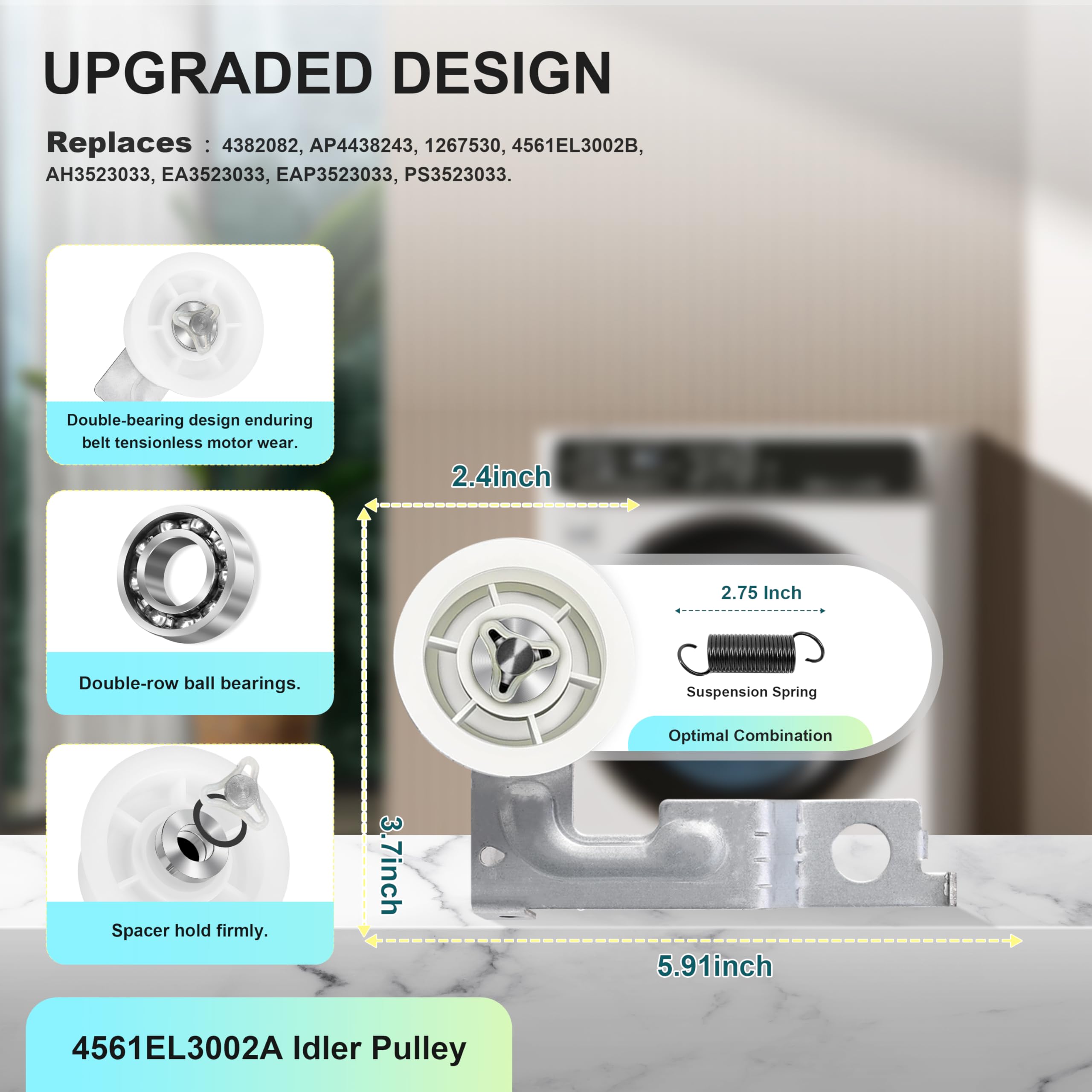 Upgraded Dryer Repair Kit Compatible with LG Kenmore Dryers Includes 4581EL2002C Dryer Drum Roller 4400EL2001A Dryer Belt 4561EL3002A Idler Pulley & Spring Replace 4400EL2001F 4581EL3001E 4581EL2002A - Image 3