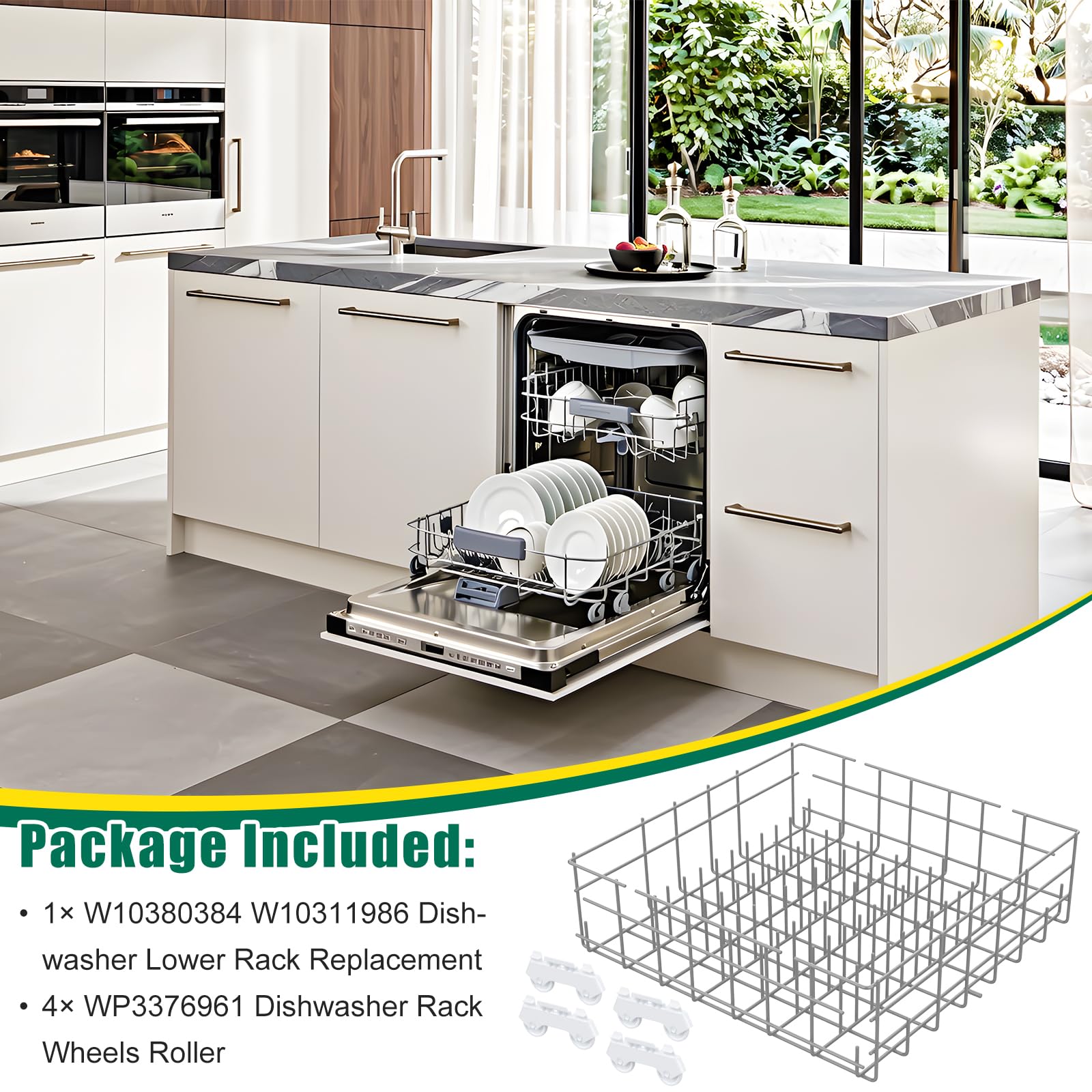 Upgraded W10380384 W10311986 Dishwasher Lower Rack Replacement Compatible with Whirlpool Dishwasher Bottom Rack 300563, DU911PCDQO with WP3376961 Wheels