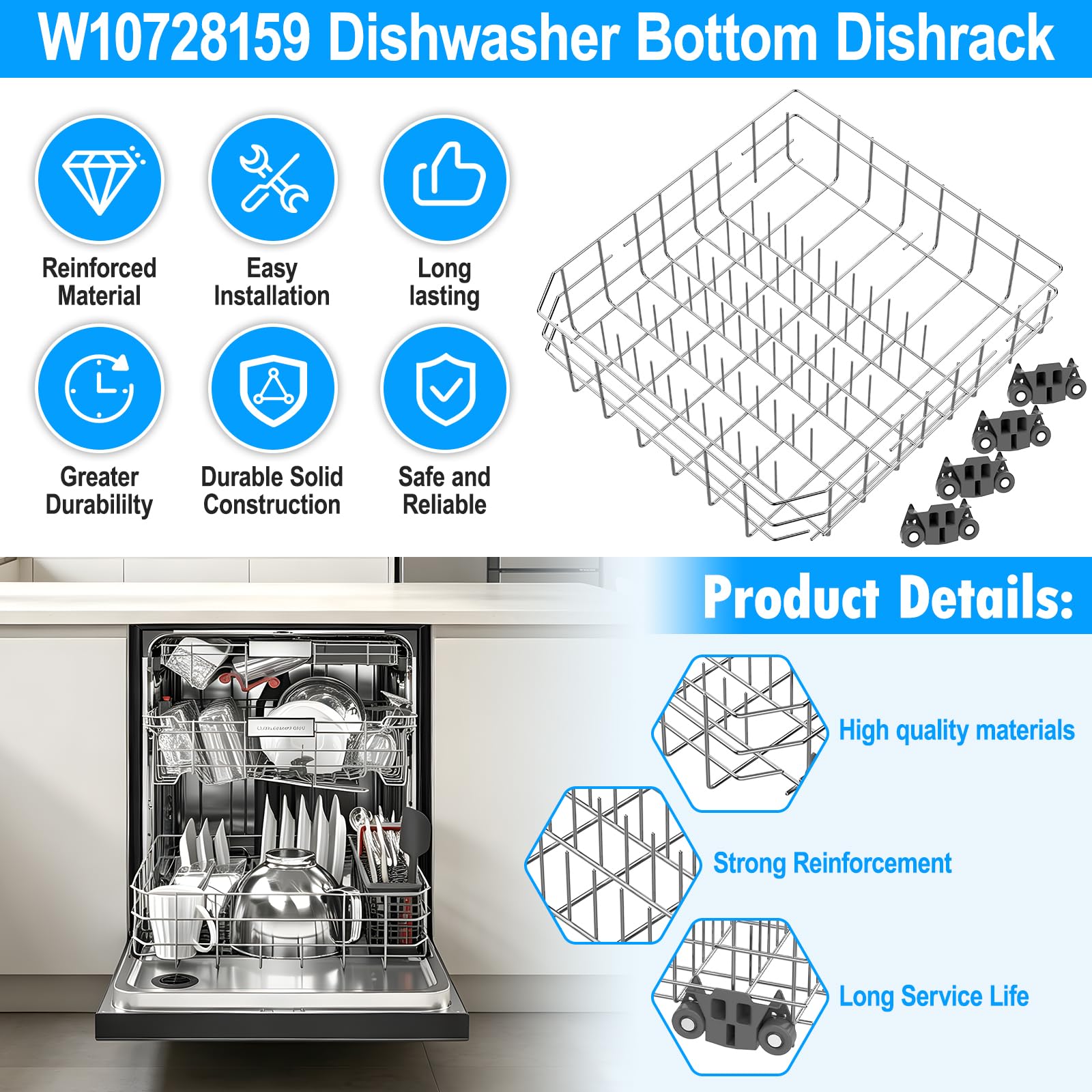Upgraded W10728159 Dishwasher Lower Rack Replacement for Kitchenaid Maytag