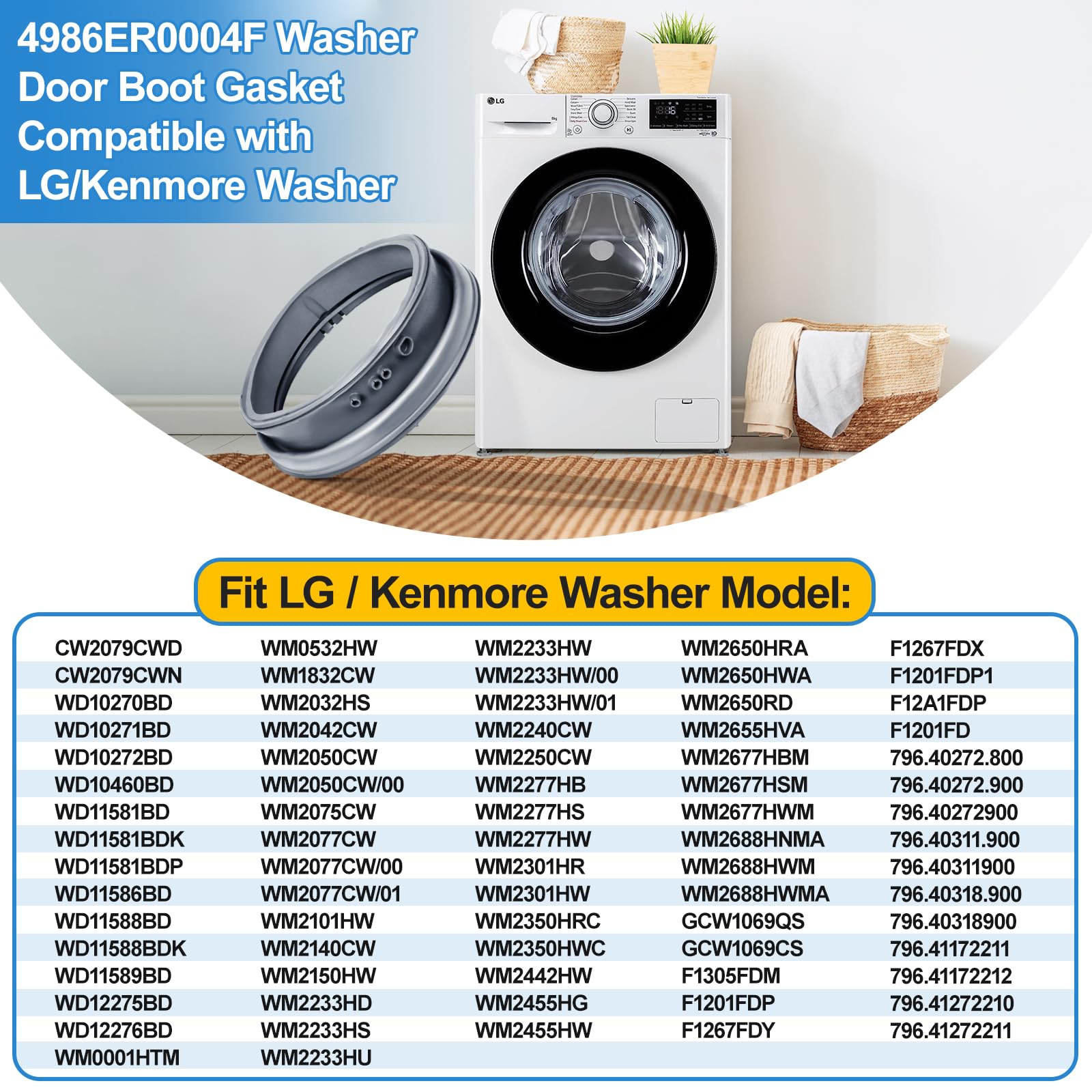 Upgraded 4986ER0004F Washer Door Boot Gasket Compatible with Kenmore LG Front Load Washer Door Seal Parts 4986ER0004J 4986ER0004K LG Washer Door Gasket WM2250CW WM2101HW WM2050CW WM2301HR Rubber Seal - Image 5