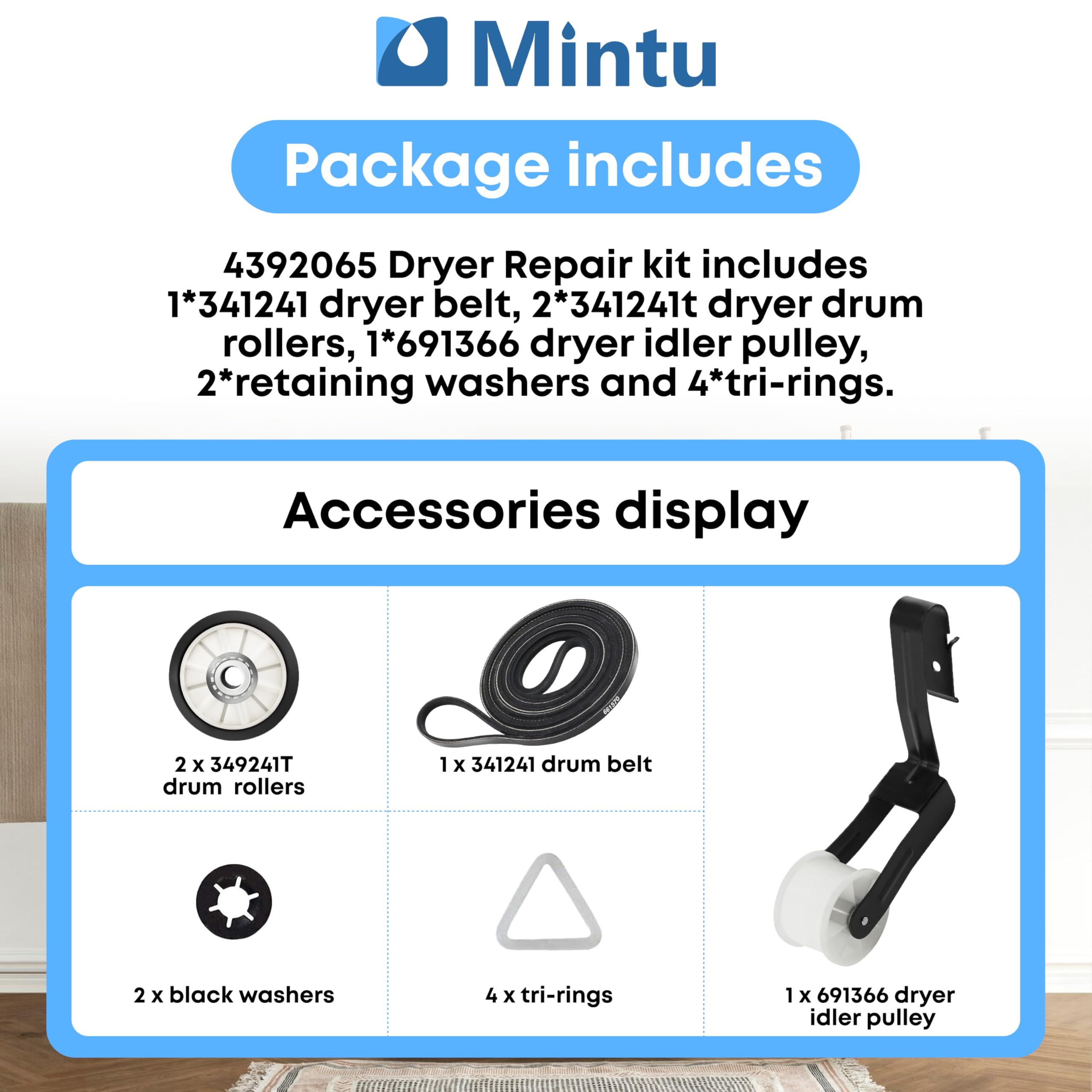 4392065 Dryer Repair Kit with 341241 Dryer Belt, 349241t, 691366 - Dryer Parts for Whirlpool Kenmore Maytag Amana, Fit for Model wed4815ew1 ned4655ew1, Replaces AP3131942 AP6010582 WP691366 AP3098345