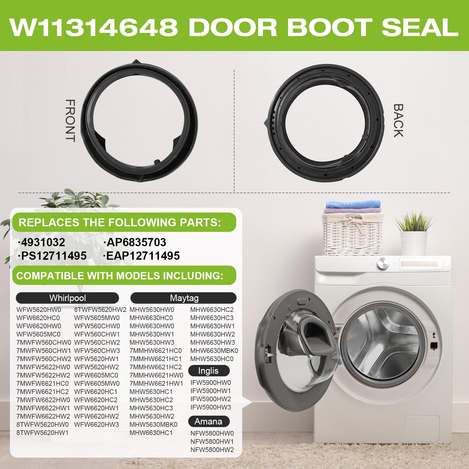 W11314648 Washer Door Boot Gasket Seal Parts Compatible with Whirlpool Washer Door Boot Seal W11314648 Front Load Washer Door Boot Seal Part-Replaces AP6835703, PS12711494, W10897390, 4931032 - Image 6
