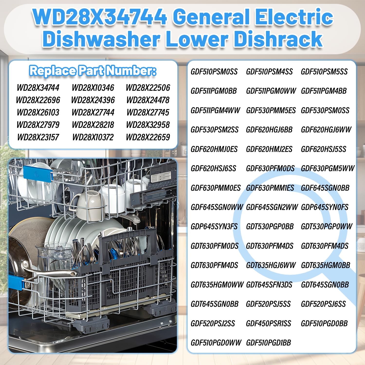 WD28X26099 Dishwasher Lower Rack Replacement for GE Dishwasher Bottom Rack WD28X26099 Bottom Dishrack for GE Dishwasher Parts Rack GDF510PSM0SS GDT535PSM0SS With Silverware Basket And Roller Kit