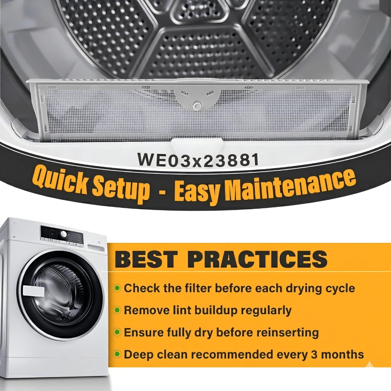 WE03X23881 Filter Replacement for GE Dryer Lint Trap Replacement with Cleaning Brush for GE GTD65EBSJ3WS GTD33EASK0WW GTD42EASJ2WW GTD42GASJ2WW GTD45EASJ2WS Replaces PS11763056 Trap Screen 2 Packs